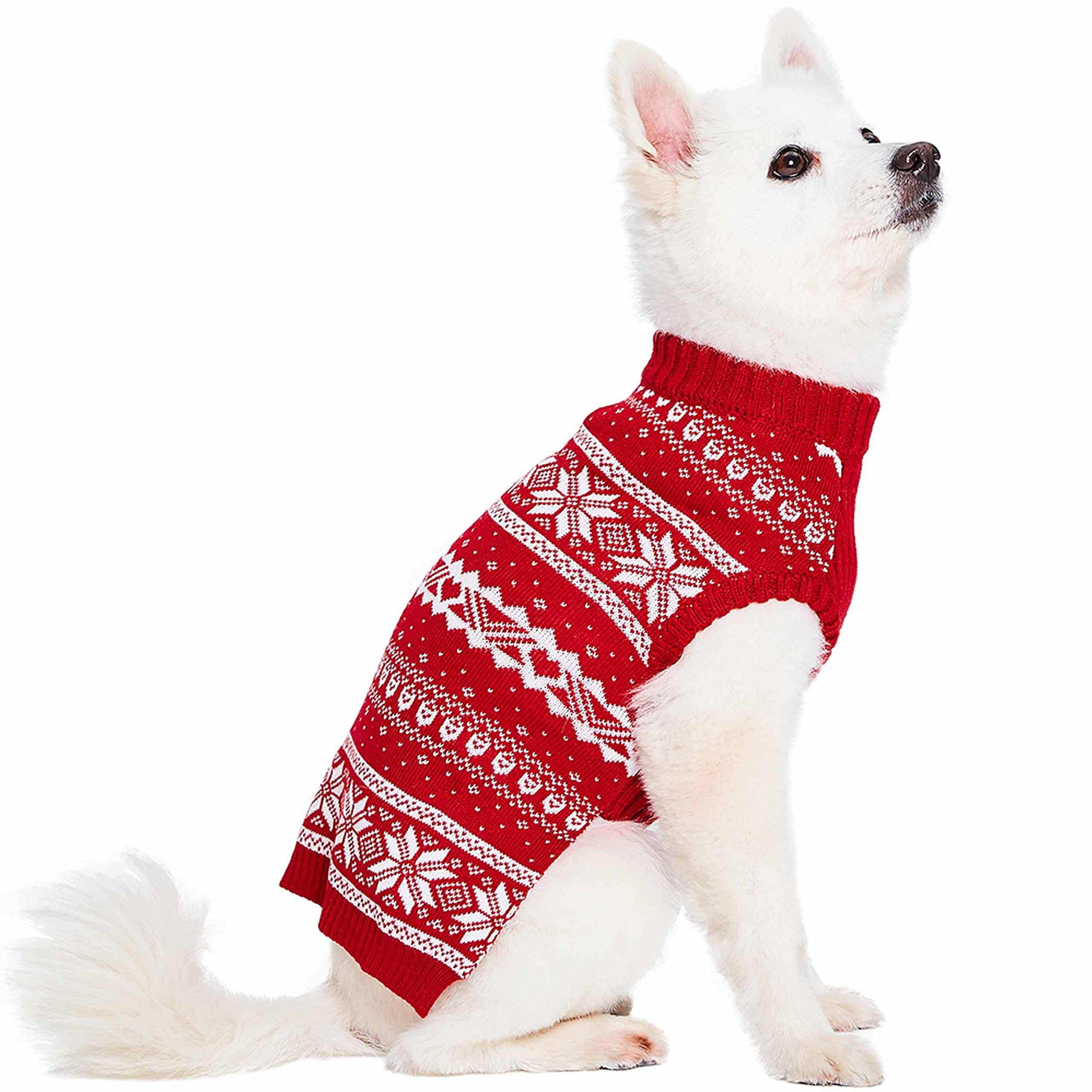 Blueberry Pet Ugly Christmas Snowflake Dog Sweater Mockneck Holiday Fair Isle Family Matching Clothes For Dog, Red, Back Length 14', Warm Winter Outfit For Medium Dogs