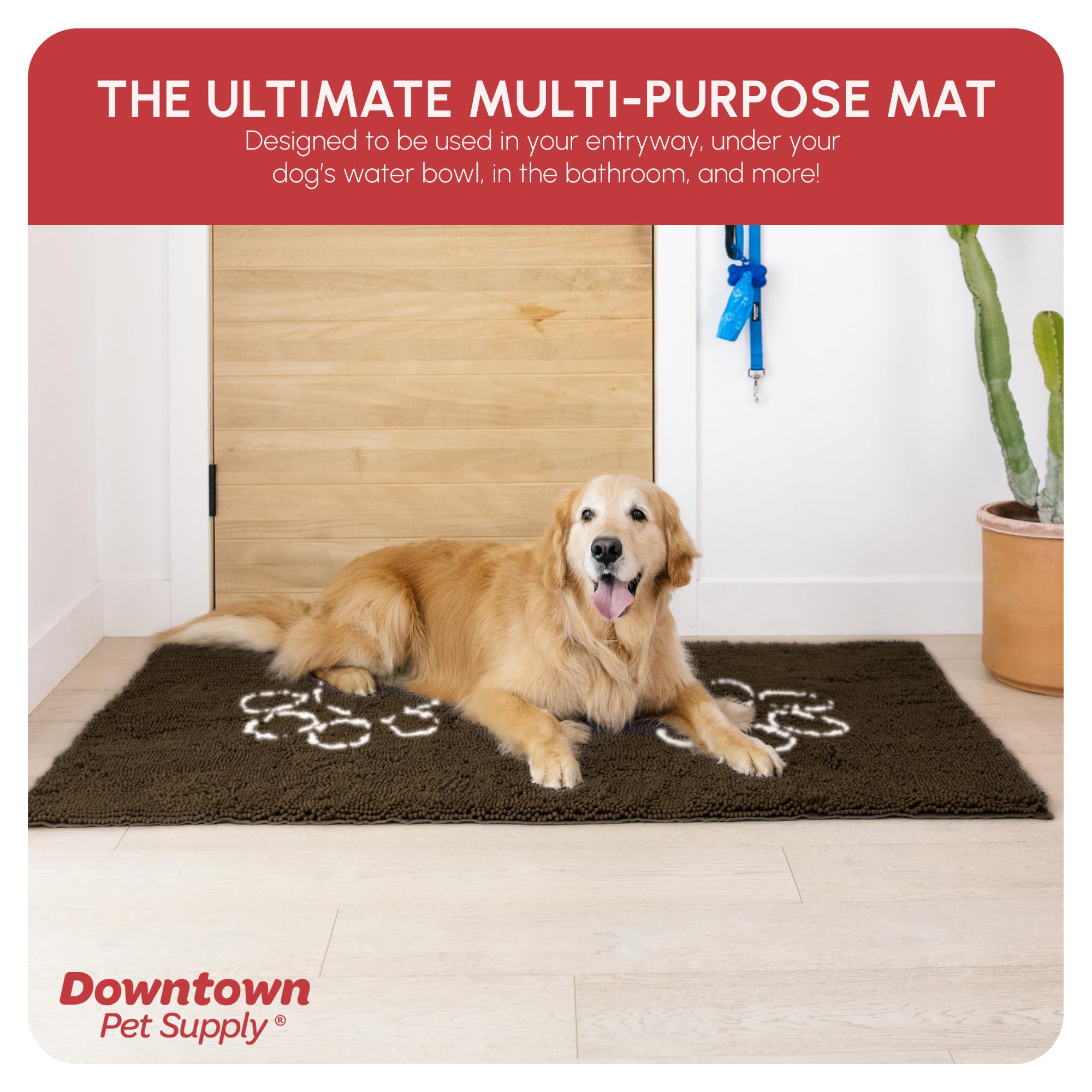 My Doggy Place Microfiber Dog Mat for Muddy Paws, 60 x 36 Brown with Paw Print - Non-Slip, Absorbent and Quick-Drying Dog Paw Cl