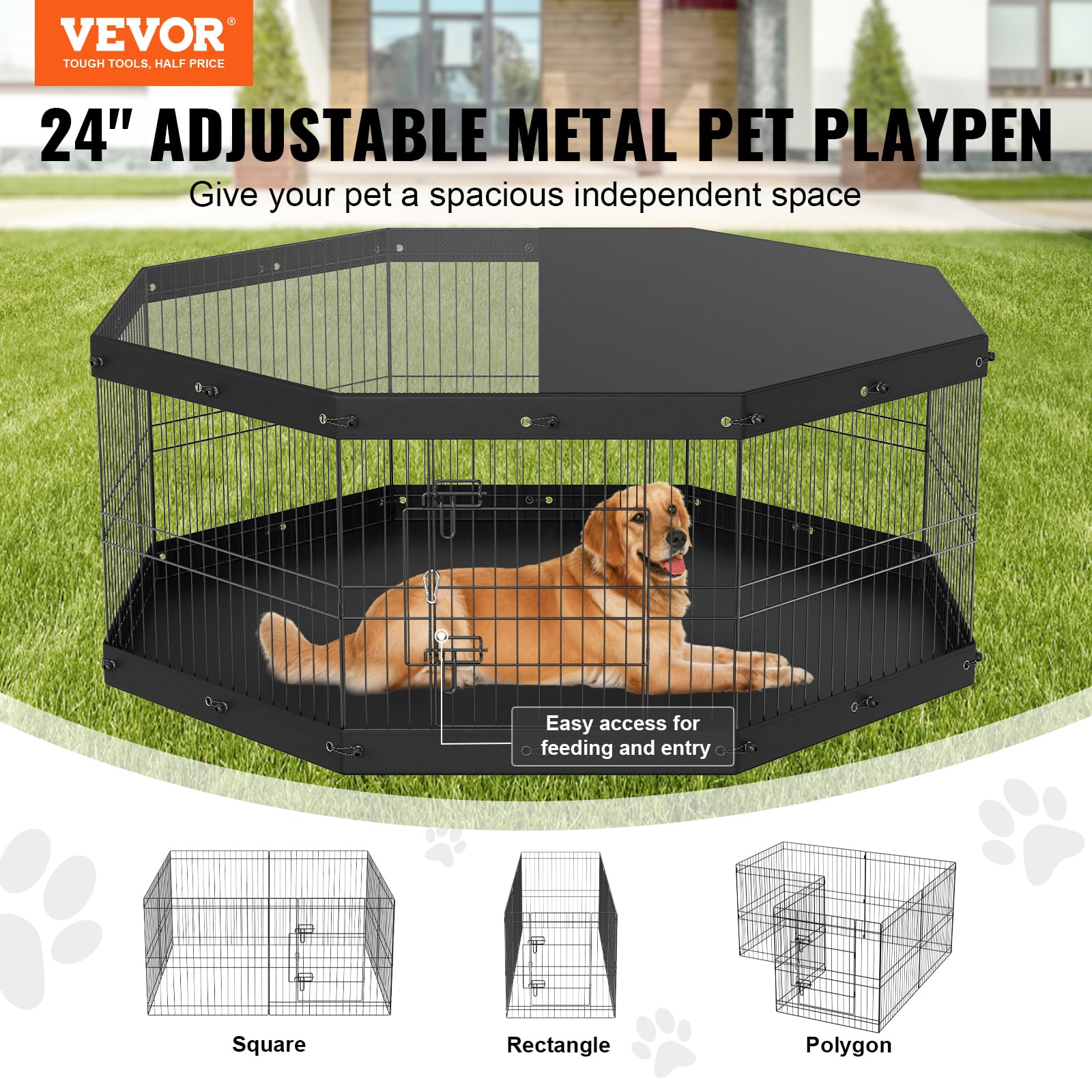 VEVOR Dog Playpen, 8 Panels Foldable Metal Dog Exercise Pen with Top Cover and Bottom Pad, 24 H Pet Fence Puppy Crate Kennel, In