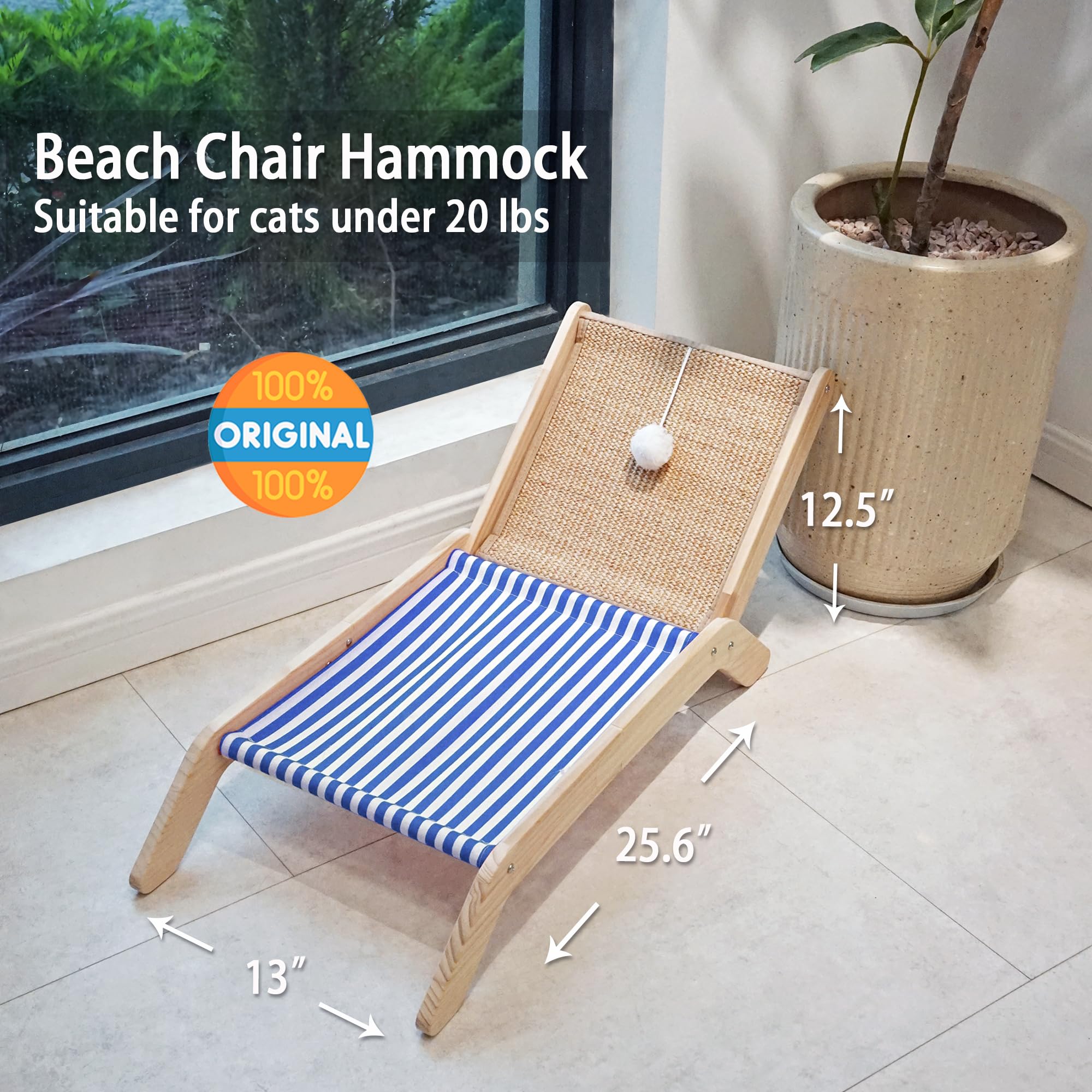 Petkaray Cat Hammock With Coconut Palm Tree Scratching Post, Cozy Beach Chair Elevated Cat Beds, Original Cat Lounger For Indoor Cats