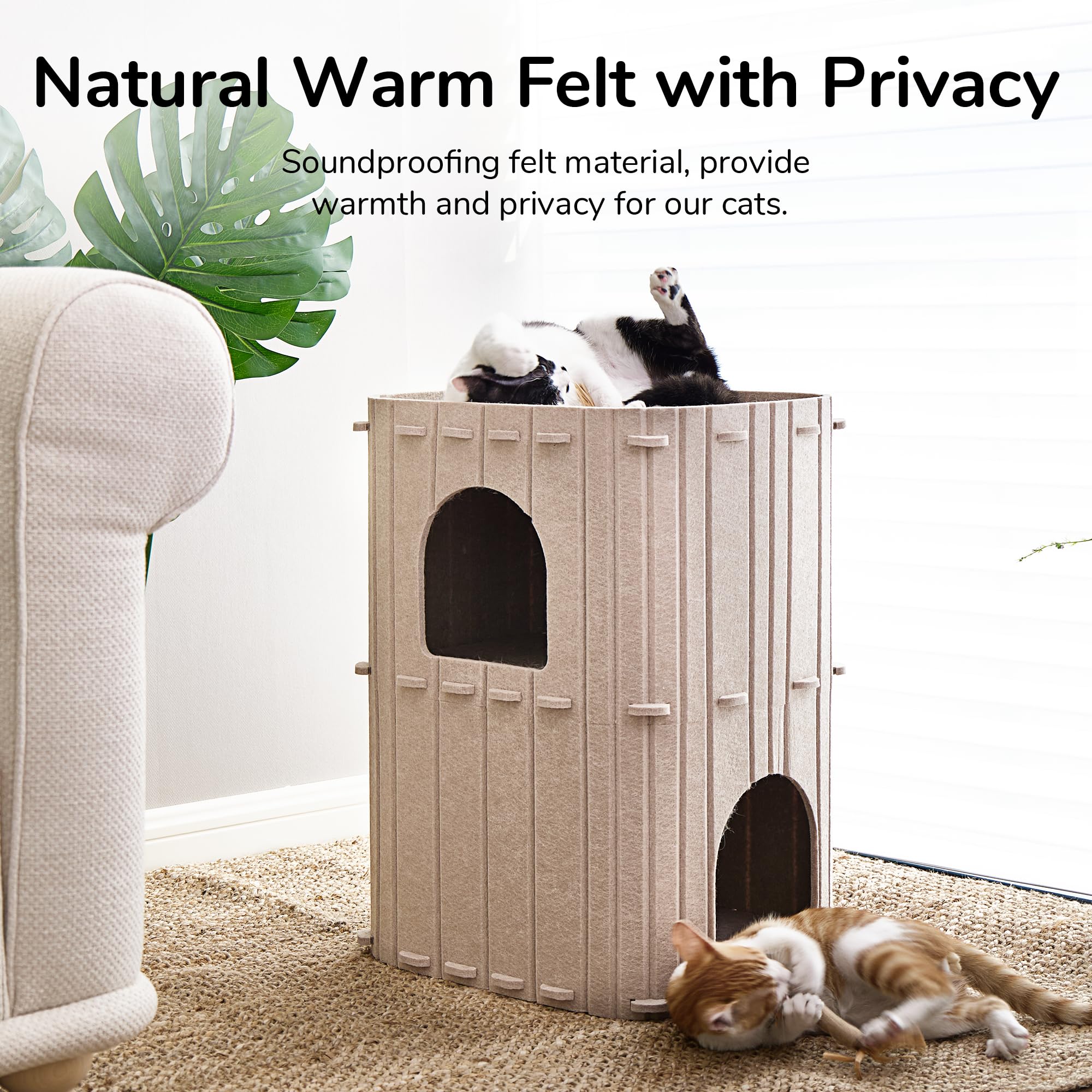 FUKUMARU Cat House, 2-Storey Cozy Felt Tunnel Condo, 17.72x14.37x23.62 inches, Beige, Model BS04