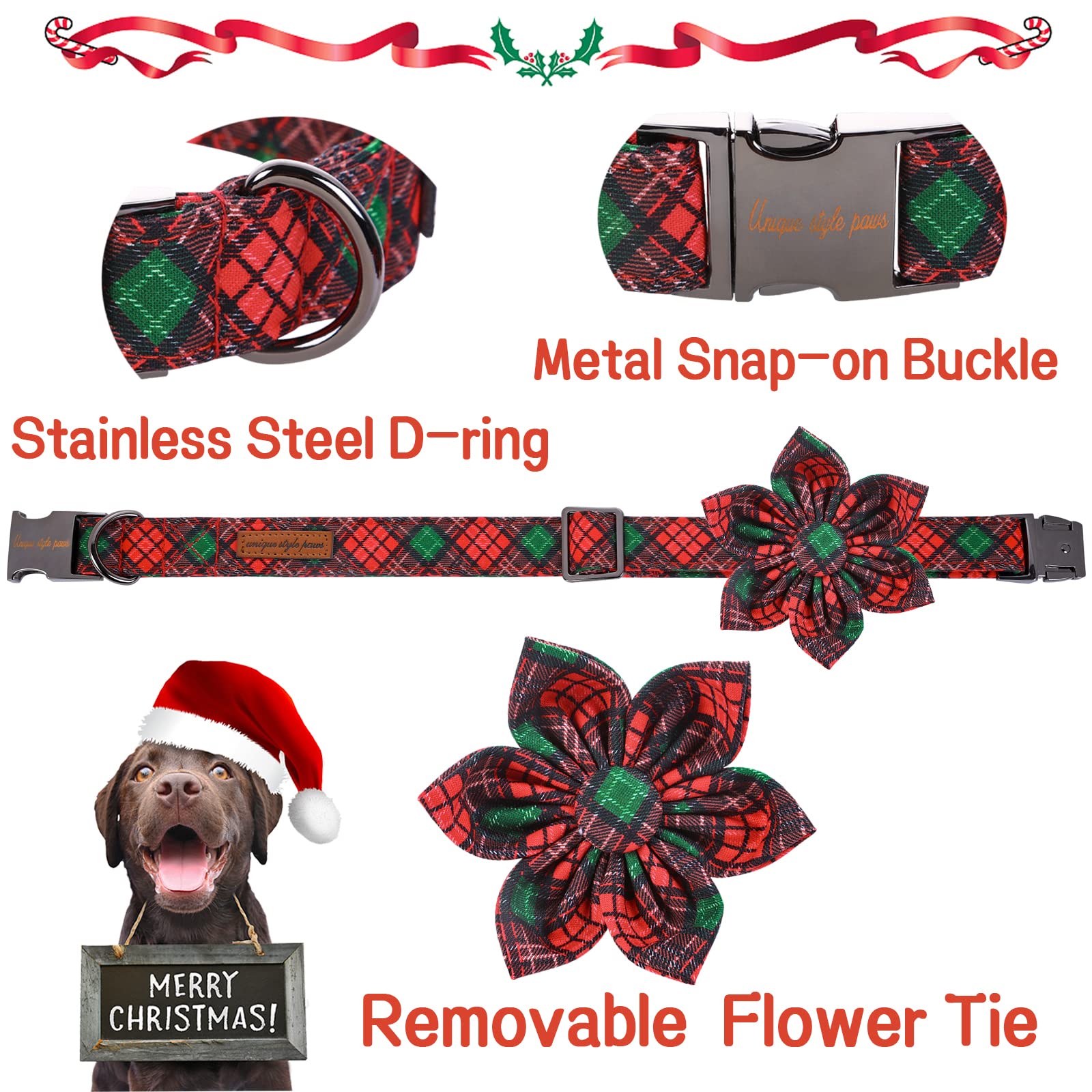 Unique Style Paws Christmas Dog Collar With Flower Tie Red Green Plaid Adjustable Cotton Puppy Collar For Small Medium Large Dogs-S