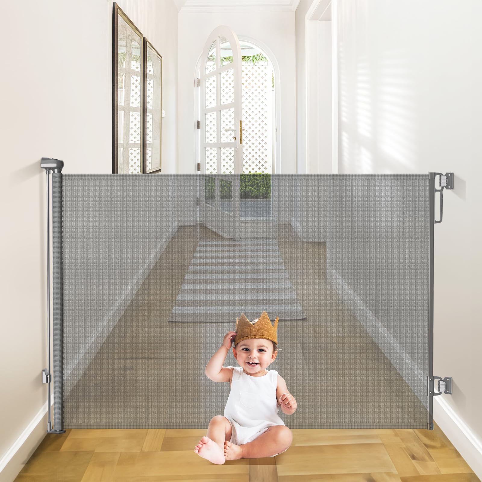 Babepai Retractable Baby Gates Extra Wide | 55' Wide X 38' Tall Dog Gates For Stairs | Indoor/Outdoor Use | Child Gates For Doorways, Deck, Porch, Hallways, Patio - Gray