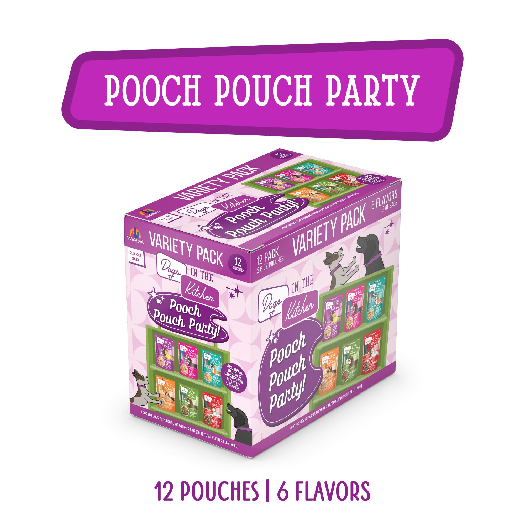 Weruva Dogs in The Kitchen, Variety Pack, Pooch Pouch Party!, Wet Dog Food, 2.8Oz Pouches (Pack of 12)