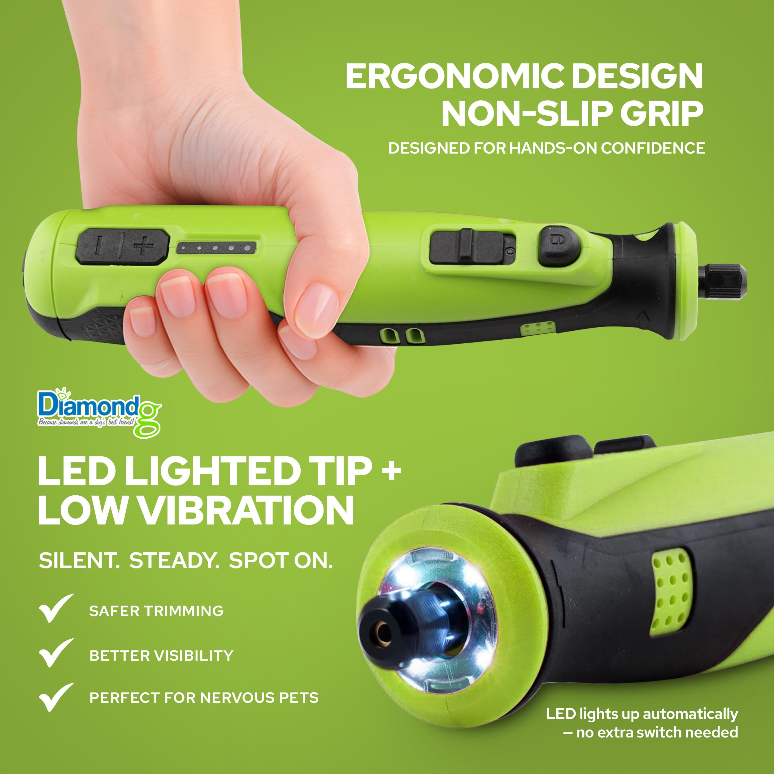Diamondg Cordless Dog Nail Grinder - Quiet, LED Tip, 4hrs Runtime, Heavy Duty Electric Trimmer for Large & Small Dogs, Green