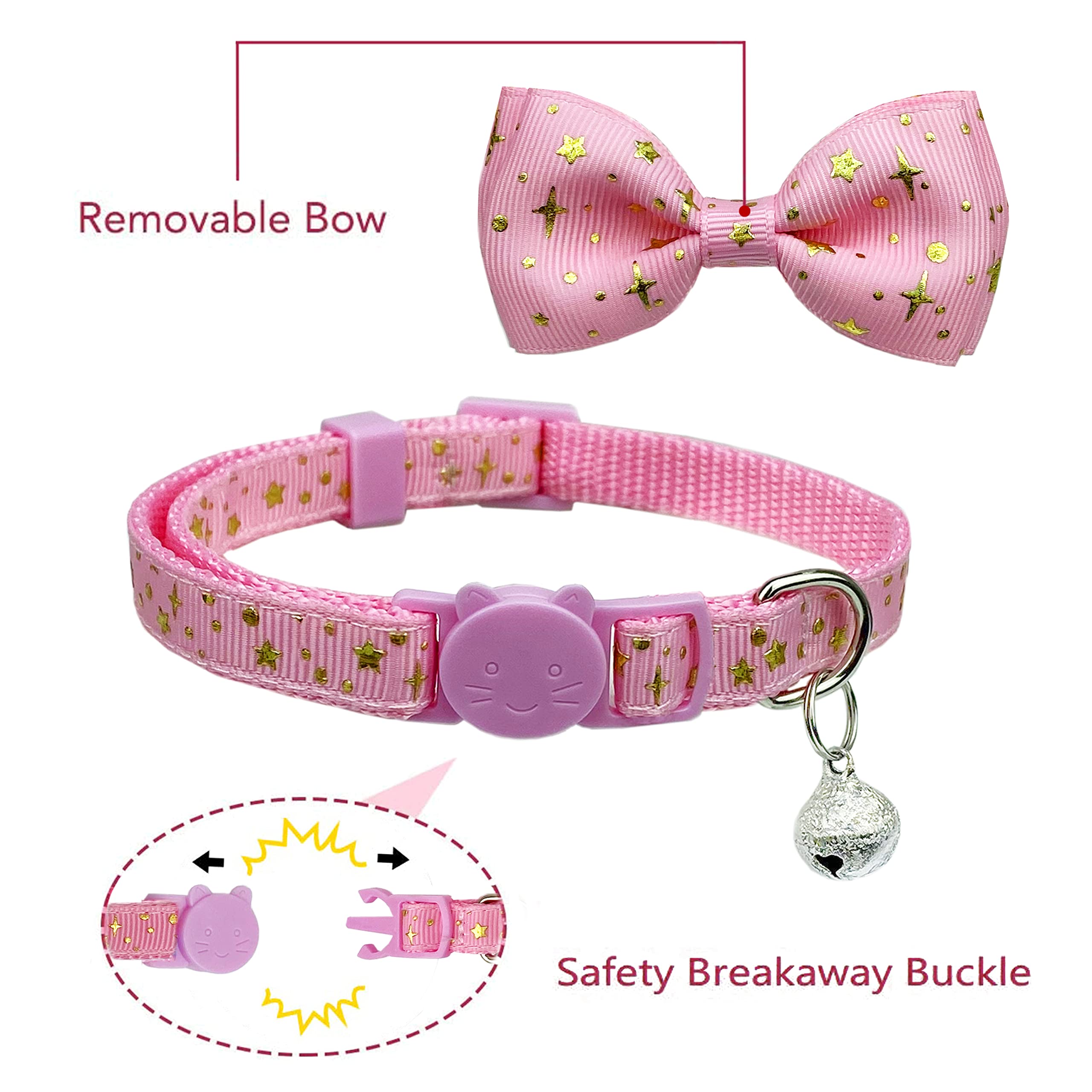 2 Pack Cat Collar With Bow Tie And Bell, Kitty Kitten Starshine Collar Breakaway Collar For Males Females Boys And Girls Cats (Pink+Black)