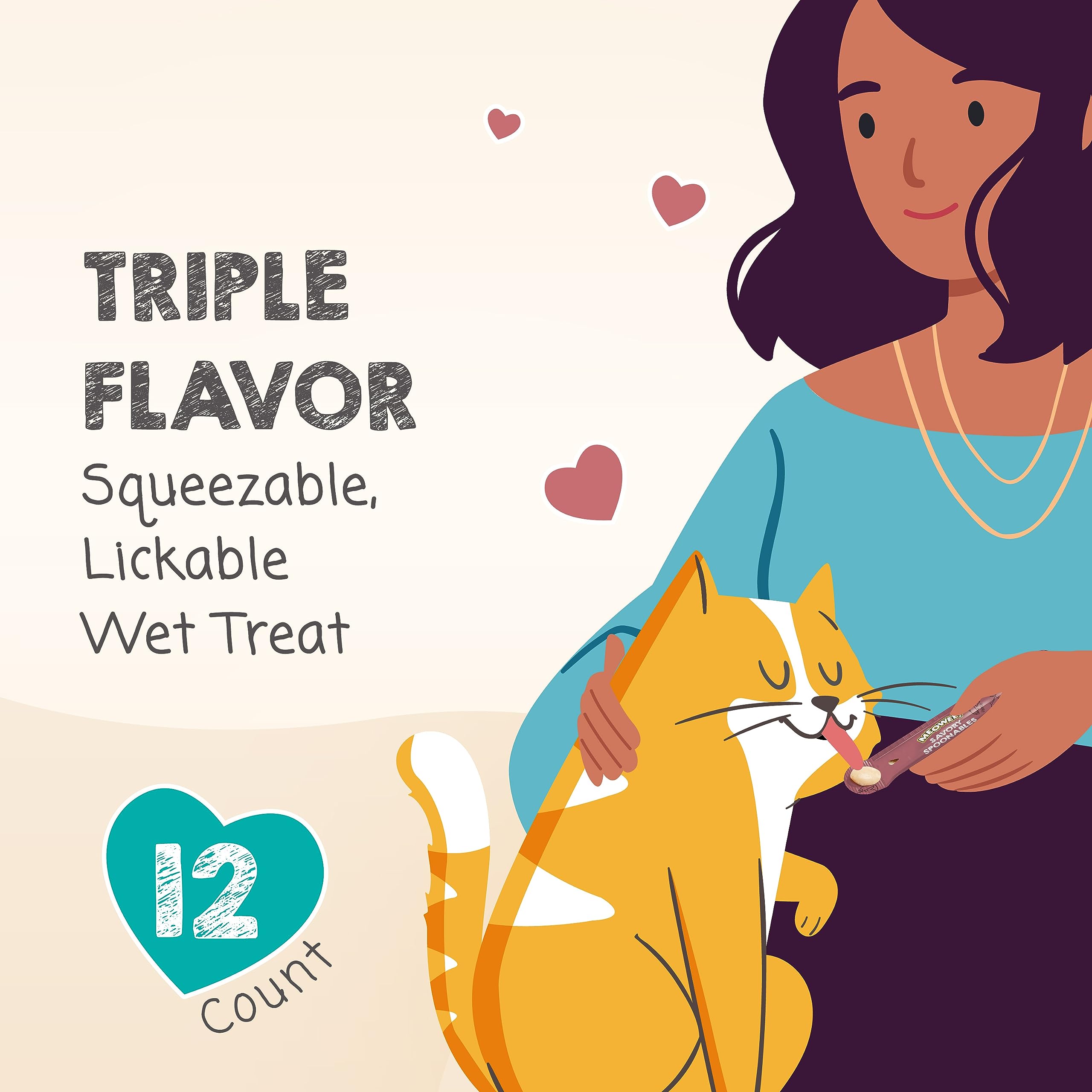 MEOWEE! Savory Spoonables Variety Pack, 12 Count Tube, Triple Flavor Squeezable Lickable Wet Treats for Cats with Built-in Spoon
