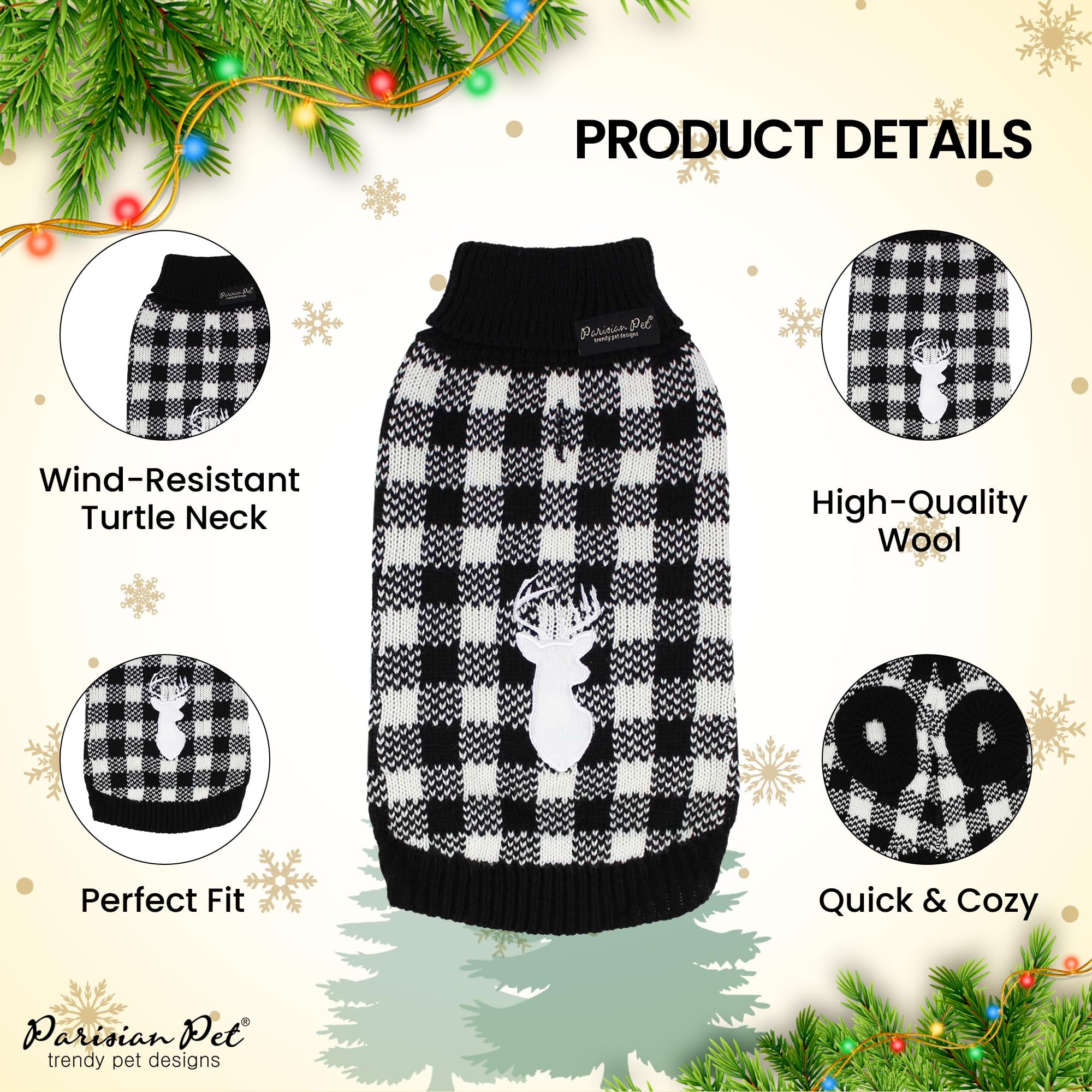 Parisian Pet Dog Sweaters - Pullover, Turtleneck White And Black Checkered Sweater - Cable Knit Plaid Dog Christmas Outfit - Fall, Winter Dog Clothes - Flexible Dog Sweater For Small Dogs - S