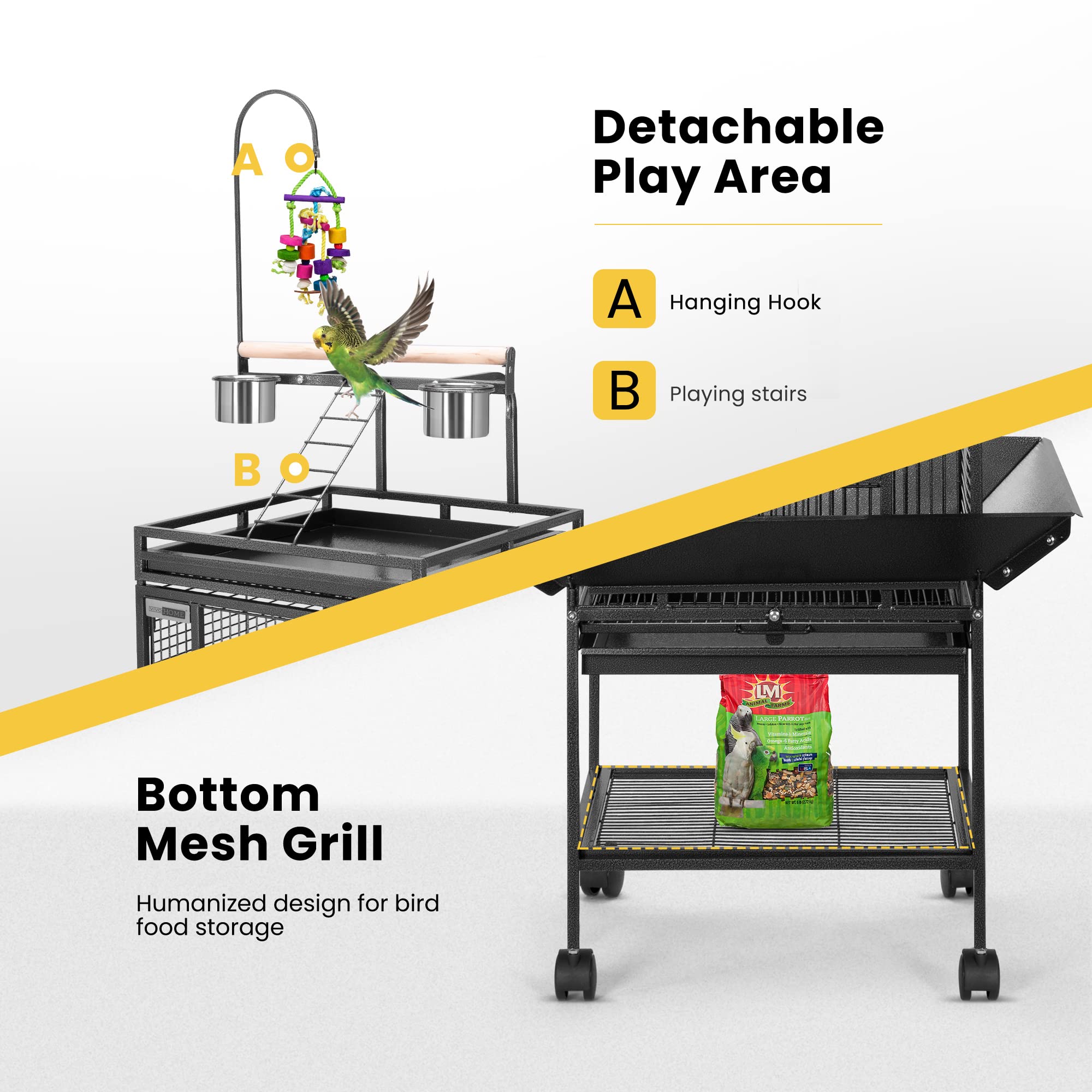 Vivohome 72 Inch Wrought Iron Large Bird Cage With Play Top And Stand For Parrots Lovebird Cockatiel Parakeets Black