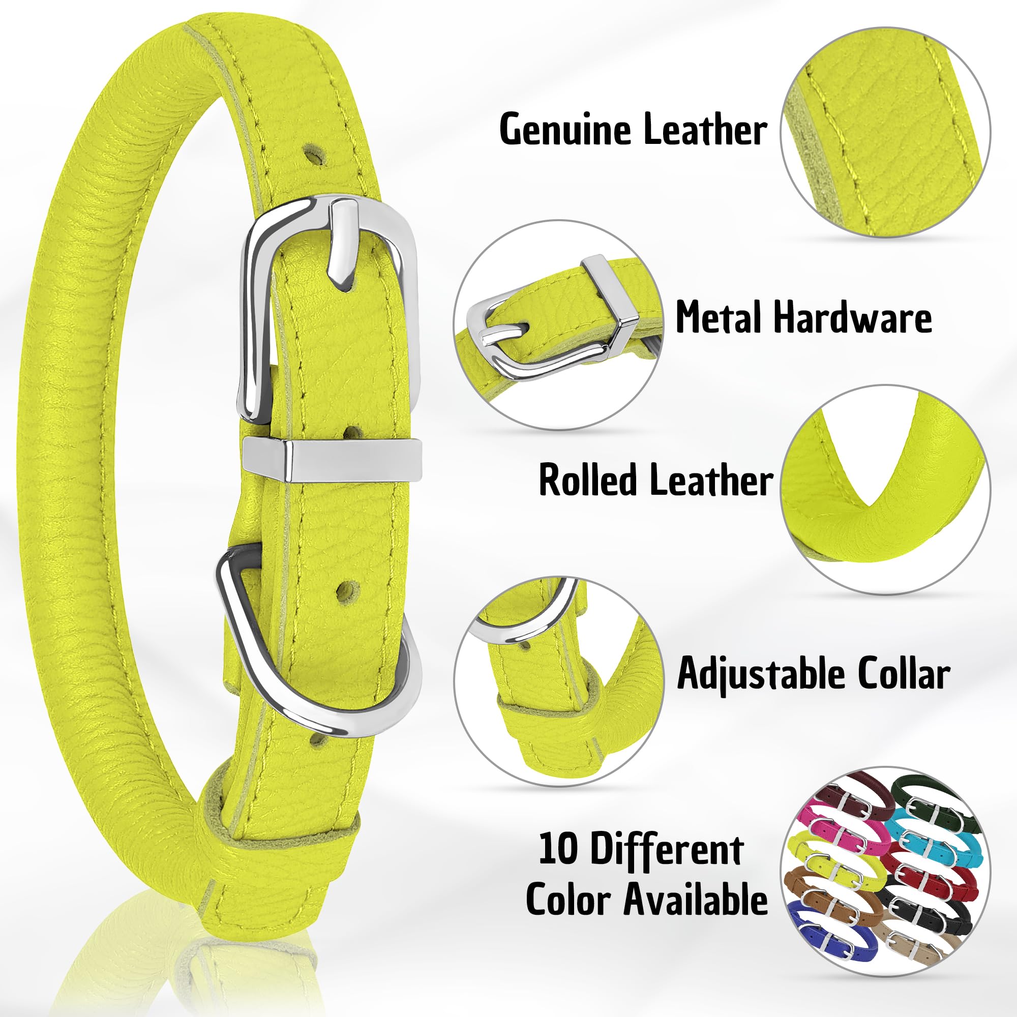 Oopsdoggy Rolled Leather Dog Collar Soft Roll Collars For Small Medium Large Dogs Puppy (Lime Green, S, 10''-13'')
