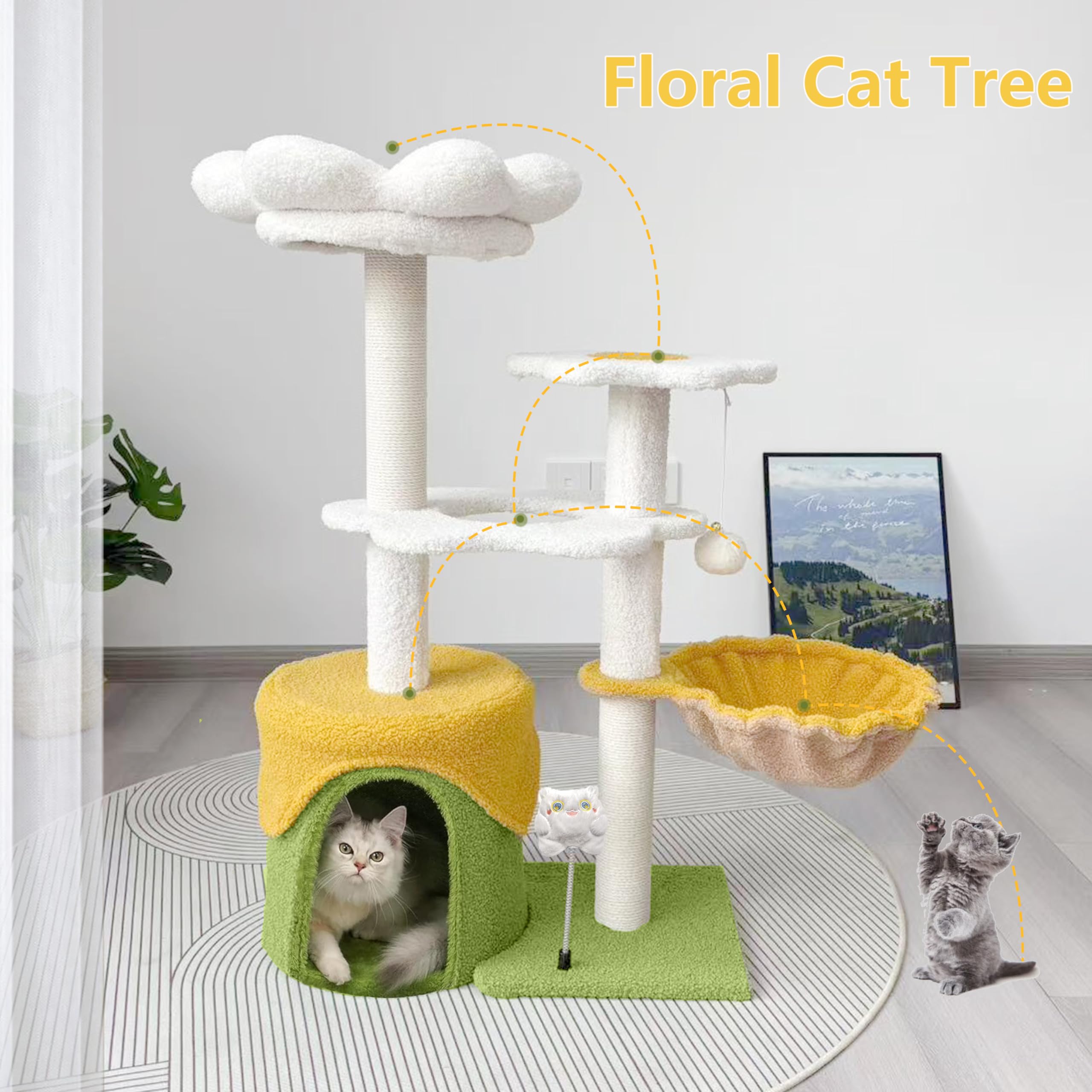 Kwoju Flower Cat Tree 36 Inches For Indoor Cats, Multi-Level Cat Tower With Scratching Posts, Removable Flower Bed Perch, Plush