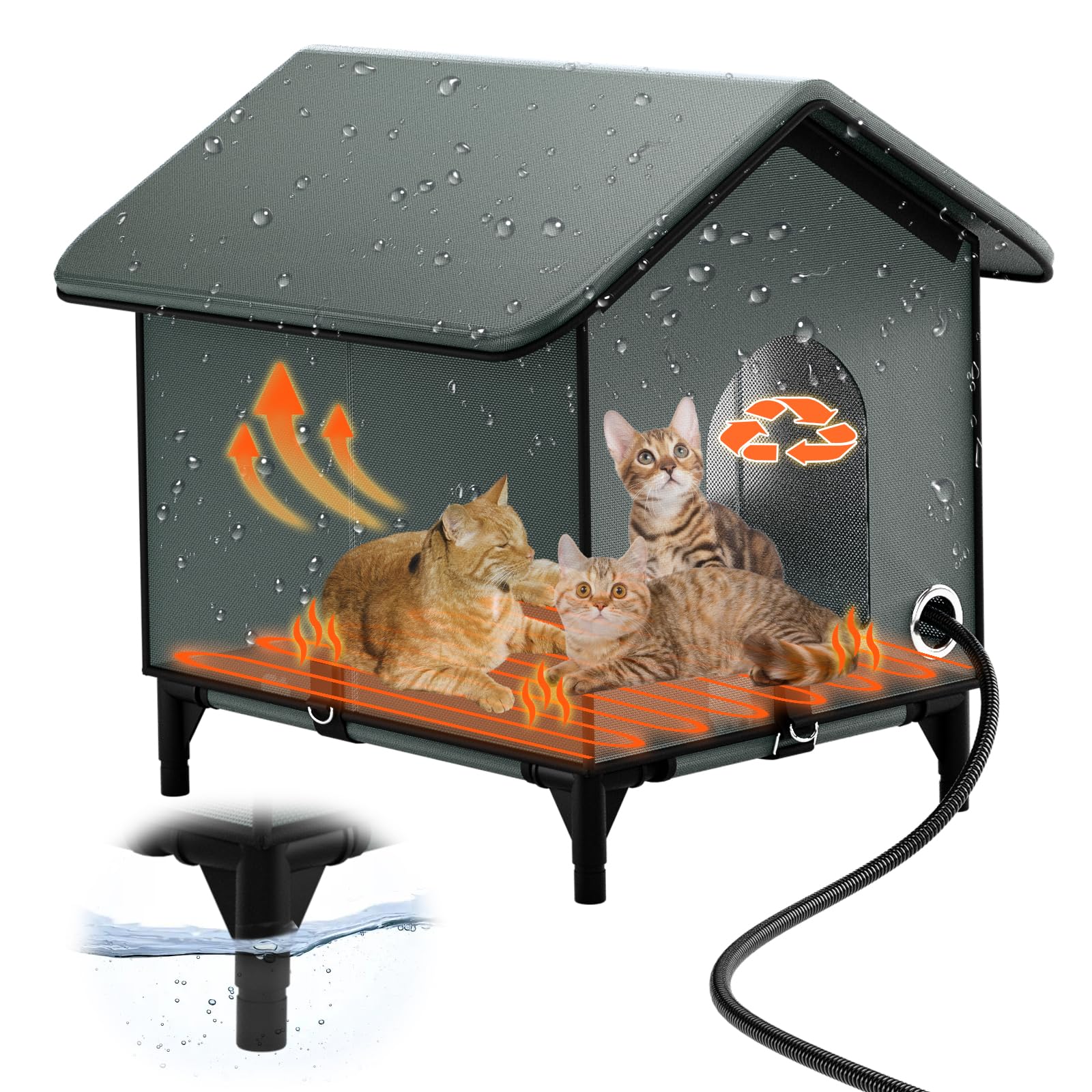 Large Size Heated Cat House For Outside, Outdoor Cat House For Winter Insulated Waterproof With Pet Heating Pad Suitable For Str