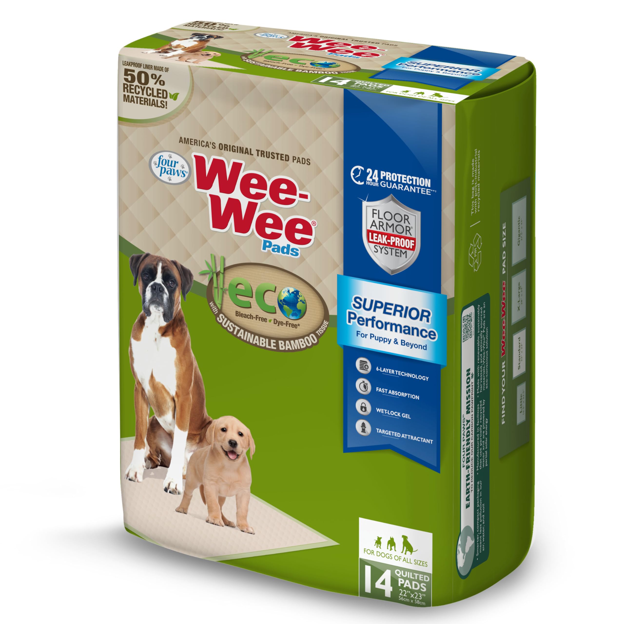 Four Paws Wee-Wee Superior Performance Bamboo Pee Pads for Dogs, Earth Friendly Dog & Puppy Potty Training Pads, Crate Liners, H