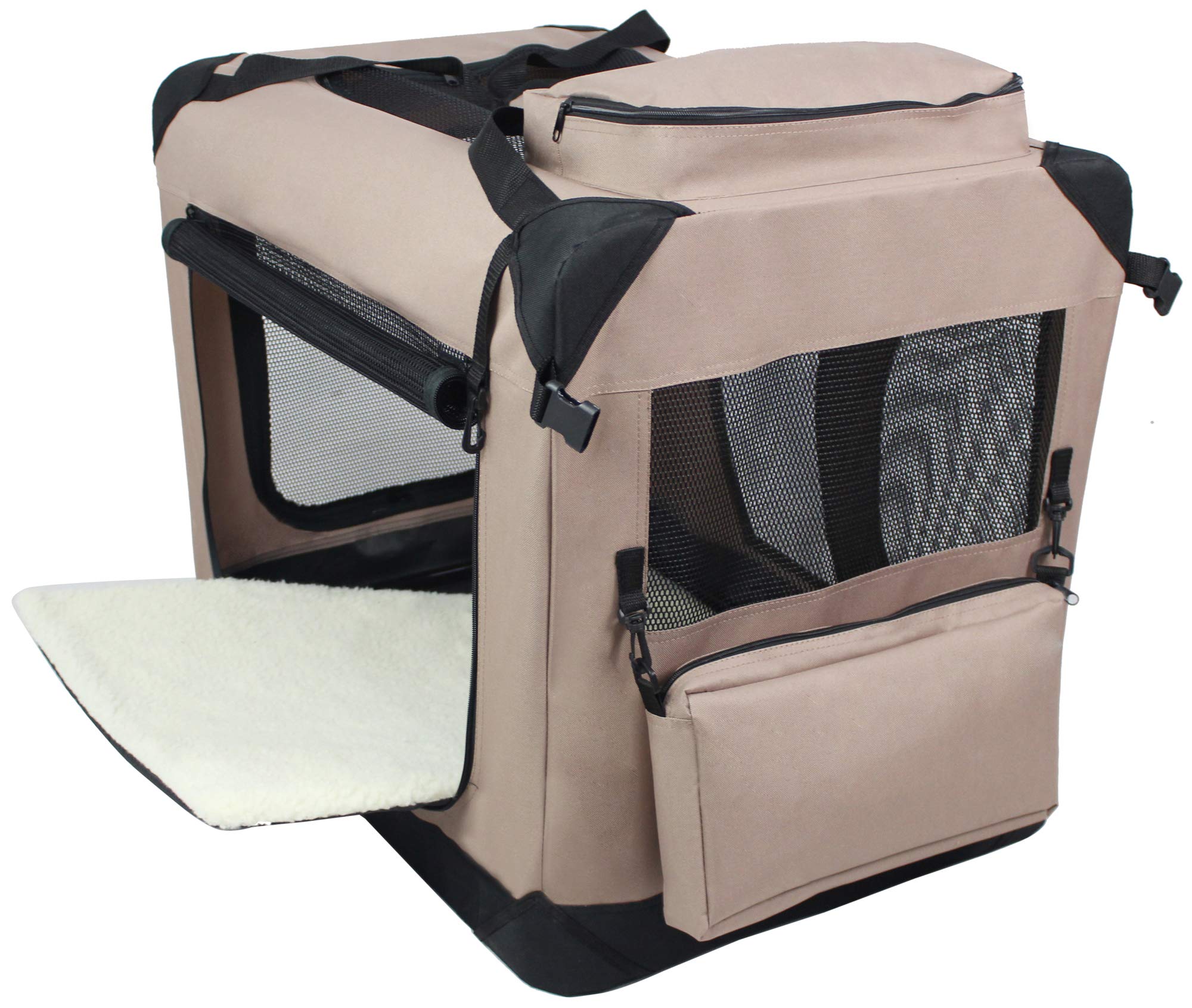 Elitefield 3-Door Folding Soft Dog Crate With Carrying Bag And Fleece Bed (2 Year Warranty), Indoor & Outdoor Pet Home (20' L X 14' W X 14' H, Khaki)