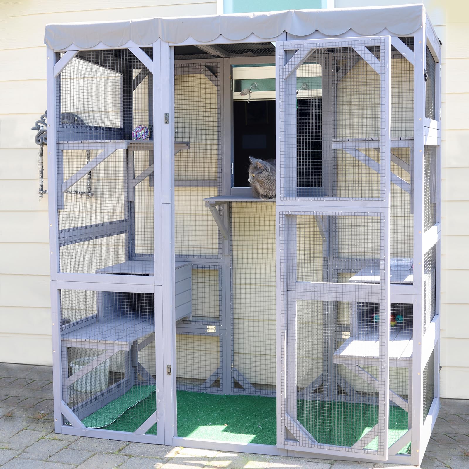 Gutinneen Catio Outdoor Cat Enclosure Large Walk In Window Cat House For Mulitiple Cats With 7 Platforms And 2 Resting Box,Tarp 