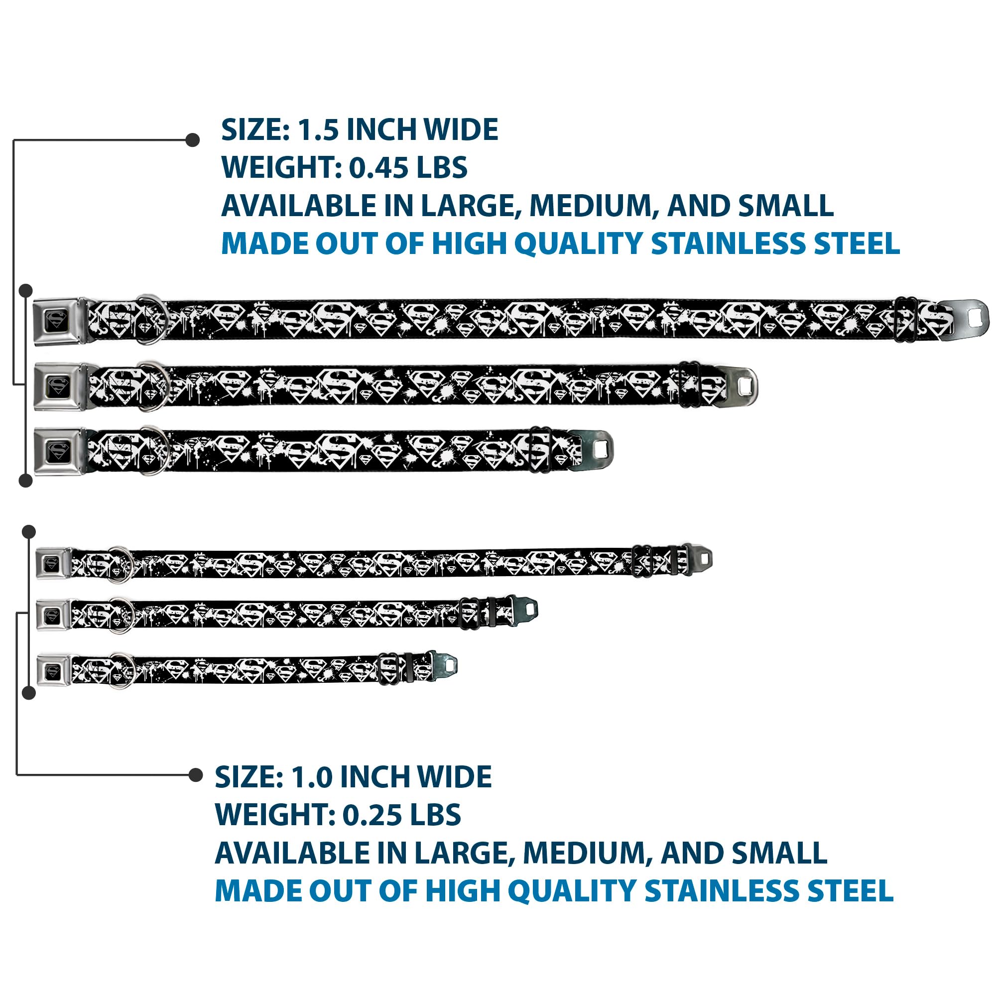 Buckle-Down Seatbelt Buckle Dog Collar - Superman Shield Splatter Black/White - 1 Wide - Fits 15-26 Neck - Large