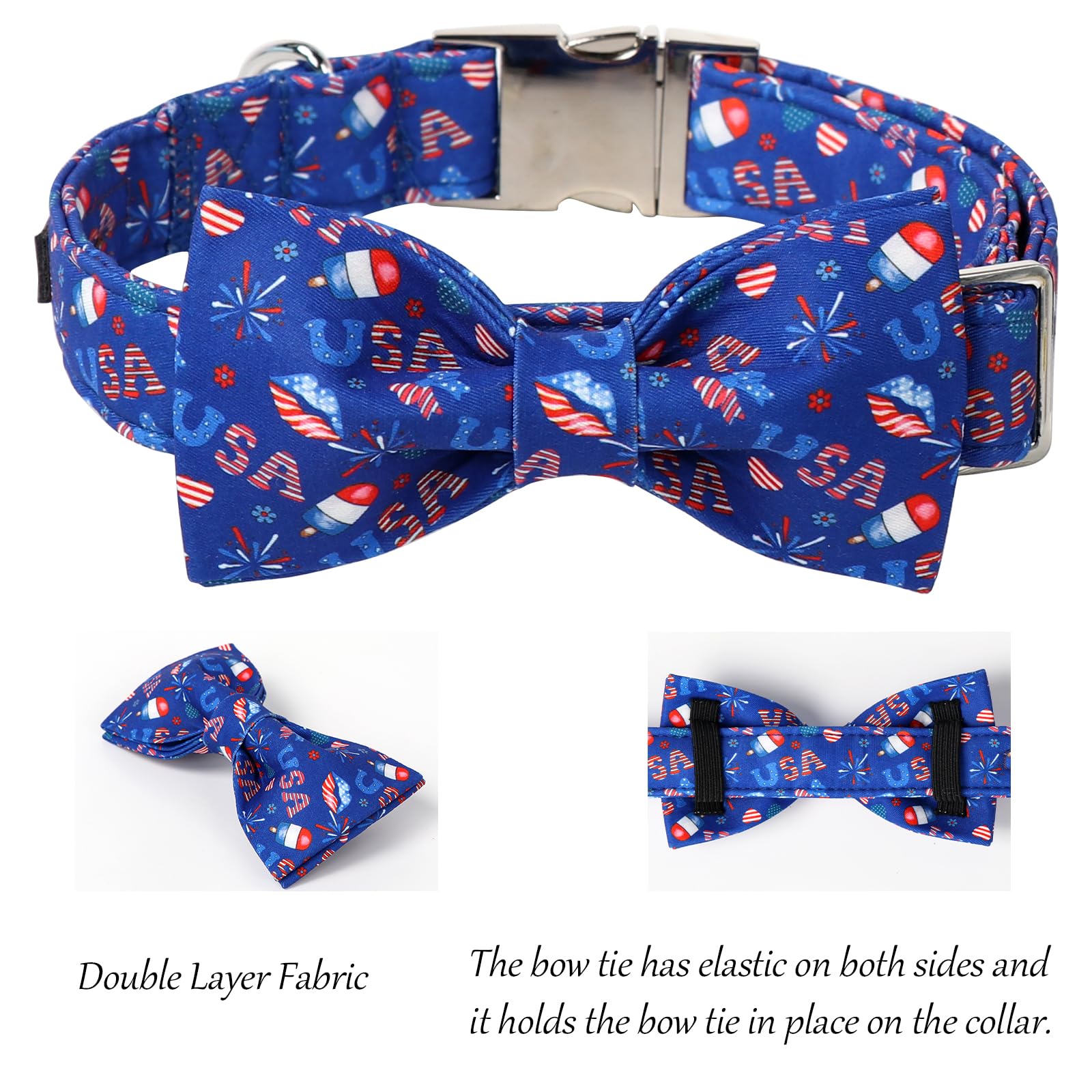 Lionet Paws 4Th Of July Dog Collar With Bowtie, Cute Summer Blue Dog Collar For Girl For Large Dogs, Adjustable Popsicle Pet Col
