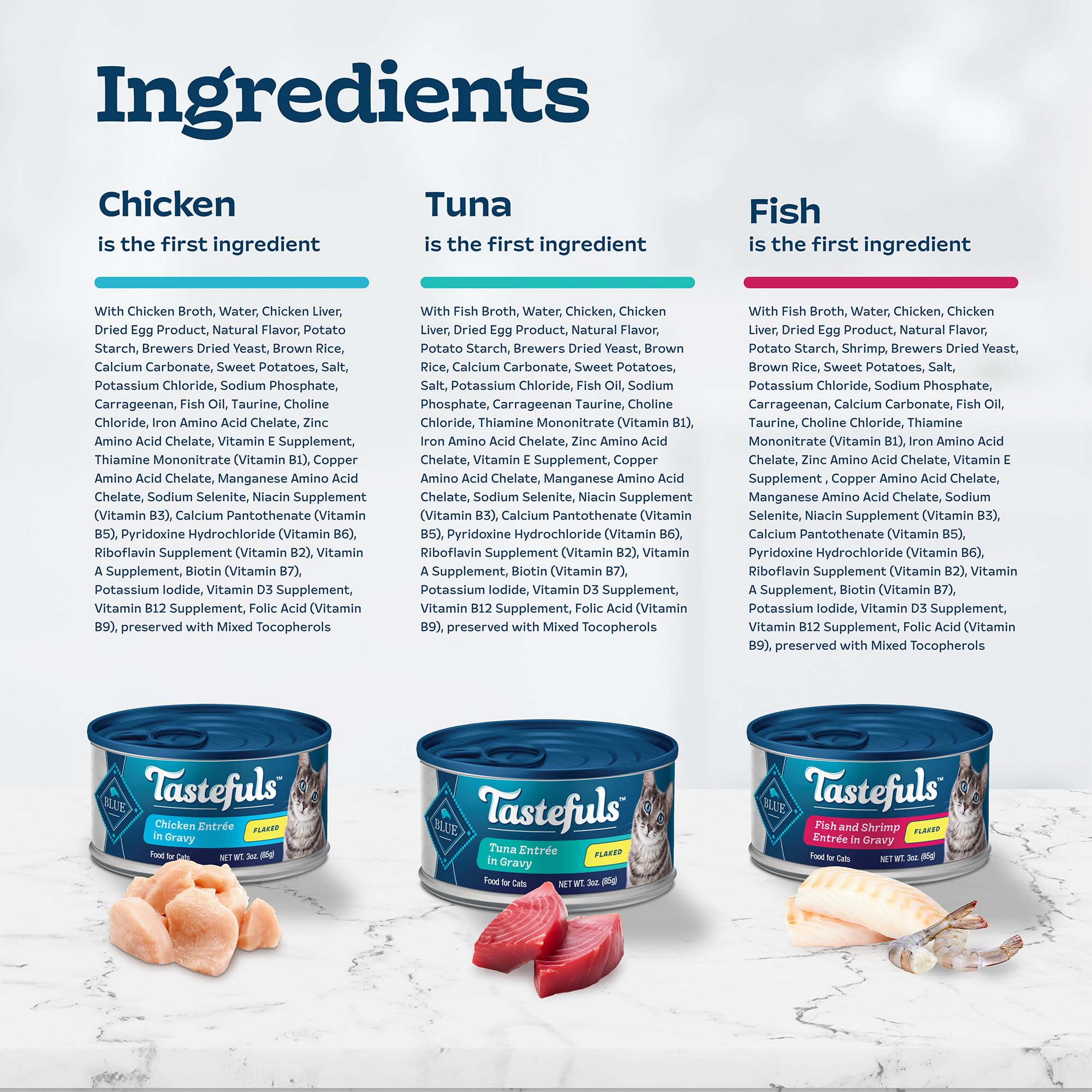 Blue Buffalo Tastefuls Flaked Wet Cat Food Variety Pack, Made with Natural Ingredients, Tuna, Chicken, Fish & Shrimp, 3-oz Cans