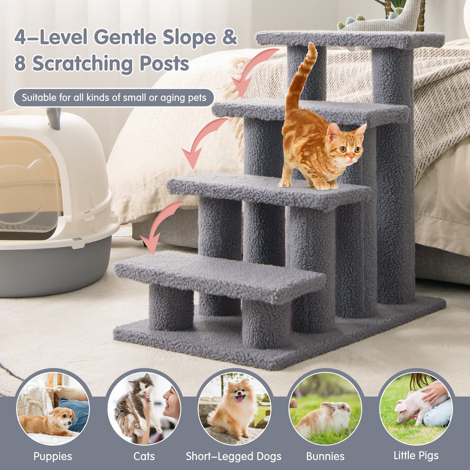 Tangkula Pet Stairs For Cats And Dogs, 4-Step Carpeted Ladder Ramp Cat Climber Cat Scratching Post, Multi-Step Dog Stairs For Hi