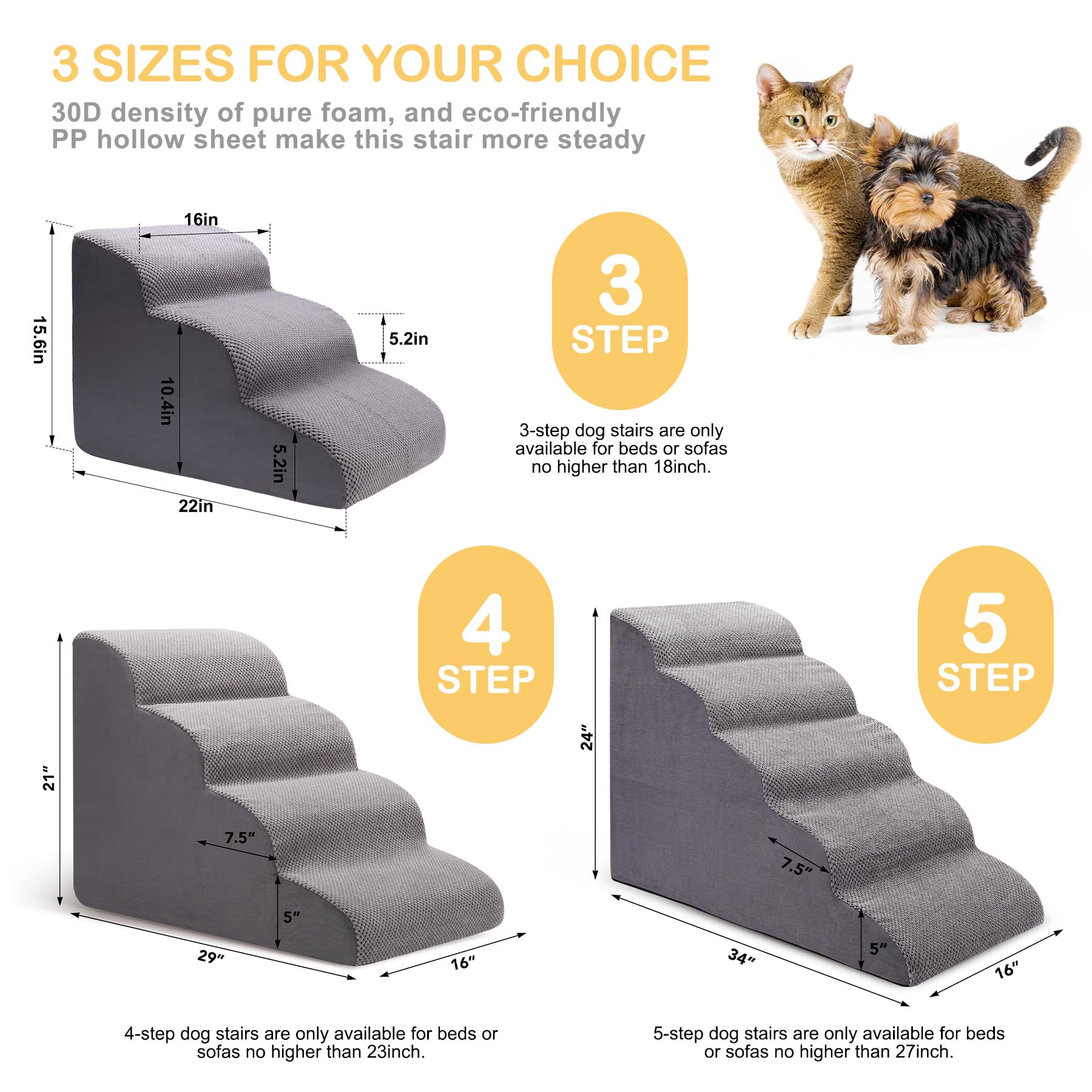Ciwivoki Dog Stairs For Bed, 5-Step Dog Steps For Couch And High Bed, Non-Slip Pet Stairs, 24' High Sofa Foam Dog Ramp - Best For Small Pets, Older Dogs, Cats With Joint Pain