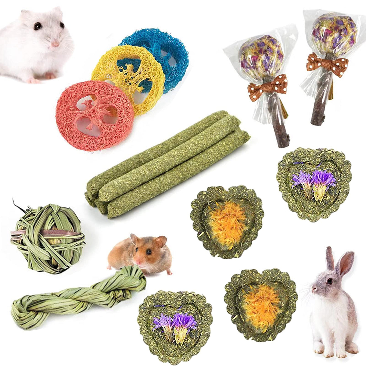 FIPASEN Rabbit Chew Toys for Teeth, 16PCS Natural Timothy Hay Chew Toy, Improve Dental Health for Bunny/ Chinchilla/ Guinea Pig/