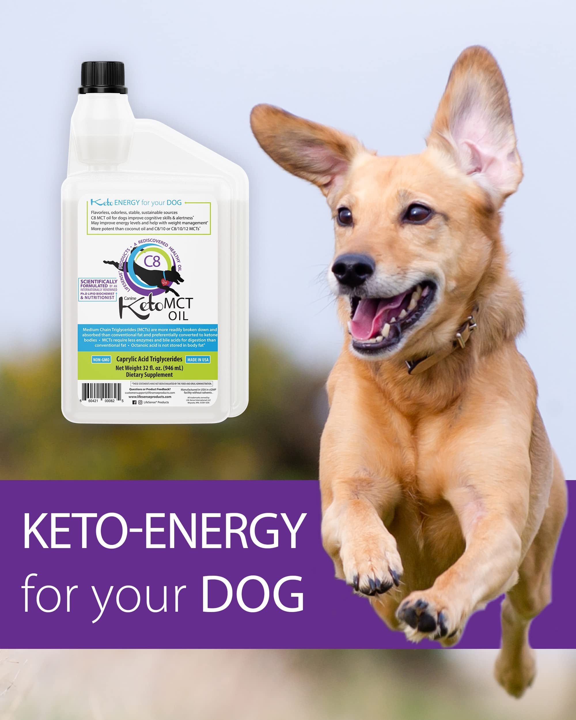 LifeSense C8 MCT Oil for Dogs, Keto-Friendly, Sourced from Coconut Oil, Human Grade, 32 oz, Made in USA by PhD Nutrition, Dog Op