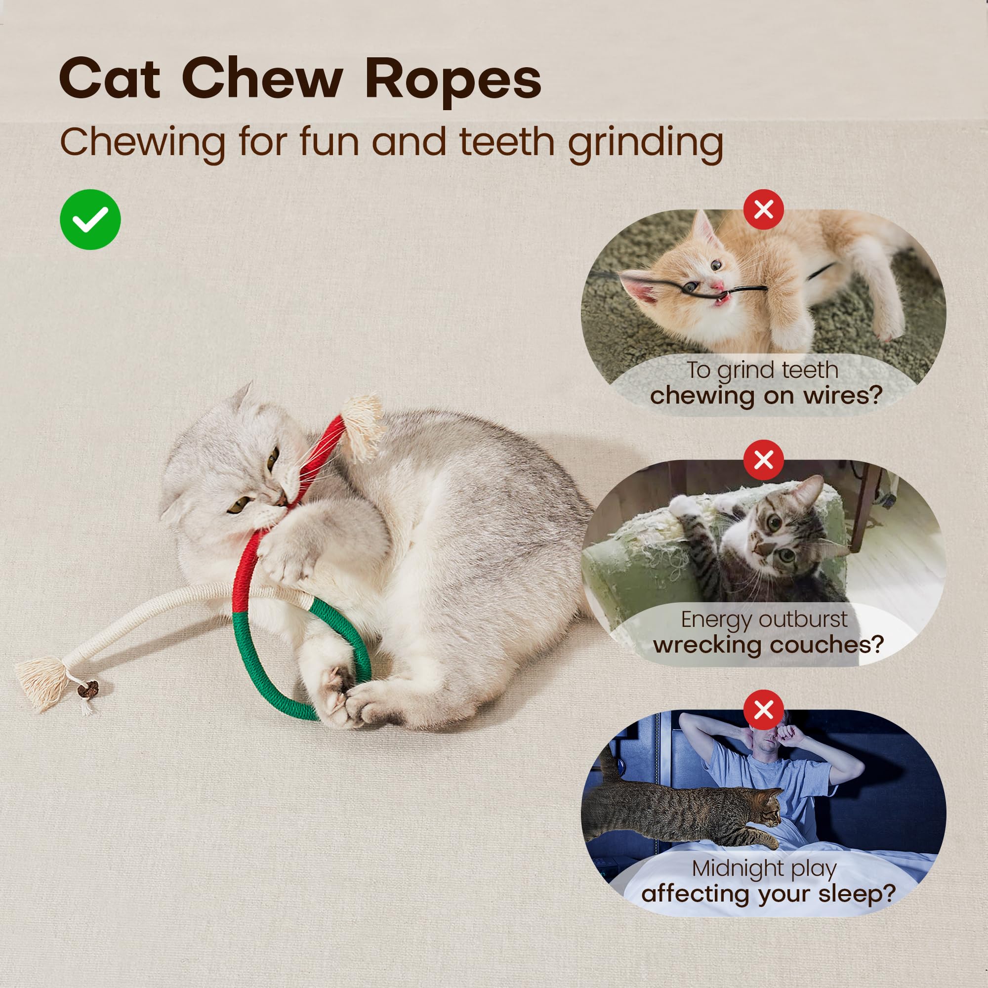Potaroma Cat Toys Chew Ropes 3Pcs With Refillable Natural Catnip, Safe Teeth Cleaning Toy For Indoor Kittens, Interactive Cat Ni