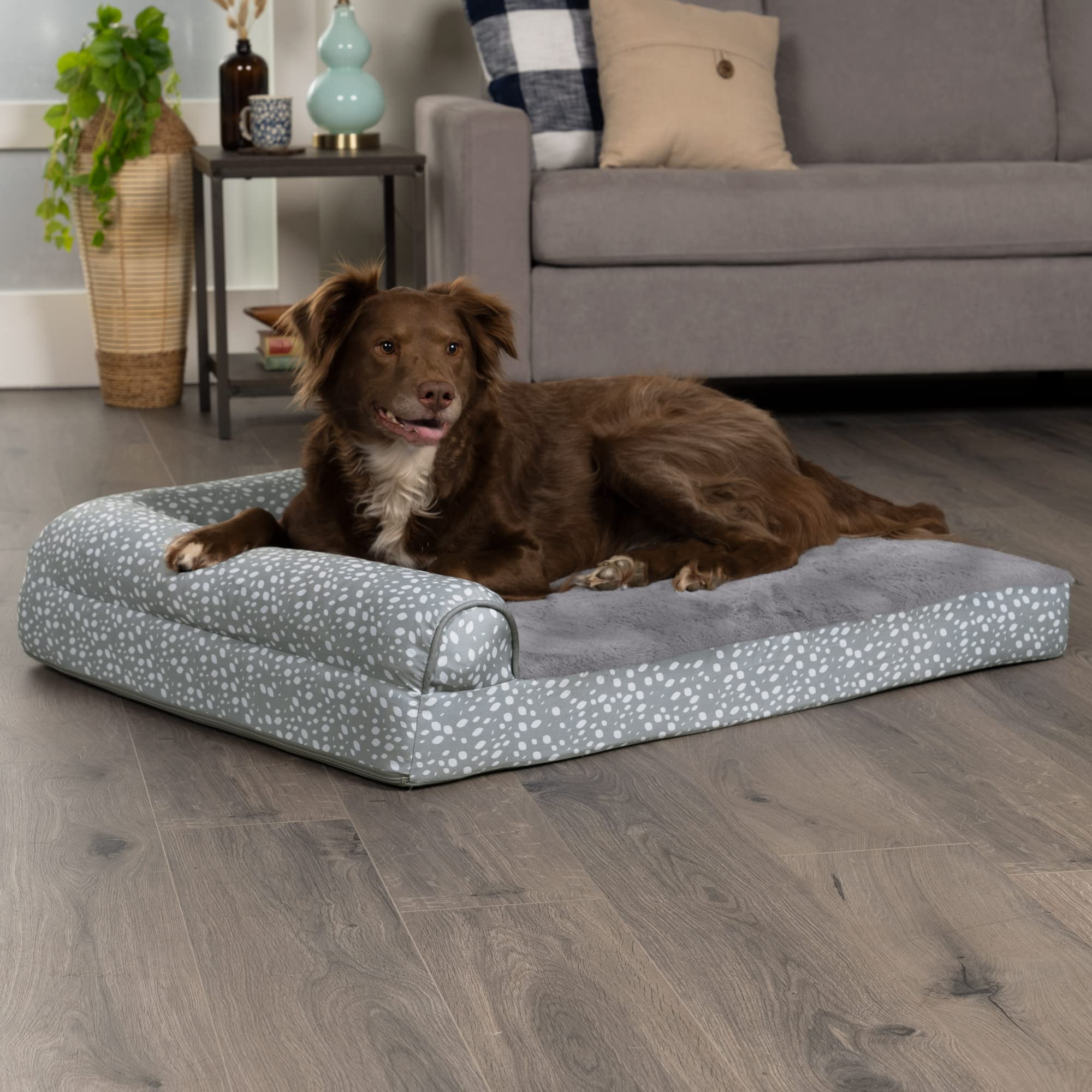 Furhaven Memory Foam Dog Bed For Large Dogs W/ Removable Bolsters & Washable Cover, For Dogs Up To 95 Lbs - Plush & Almond Print