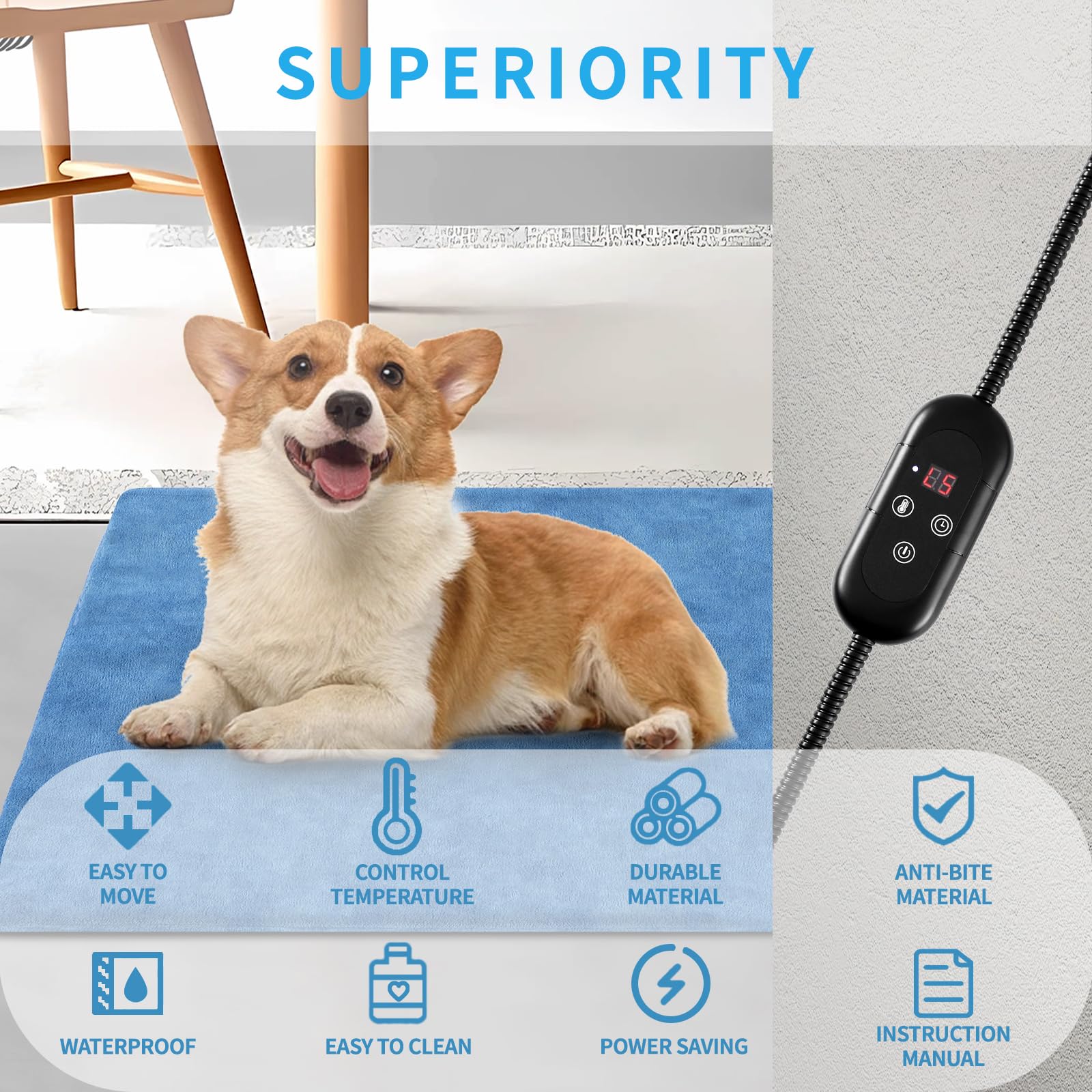 Kekelan Pet Heating Pad For Dogs, Indoor Outdoor Waterproof Electric Heated Pad Mat For Cats With Chew Resistant Cord,5 Timer And 6 Level Temperature Pet Bed Warmer-15.7X27.5