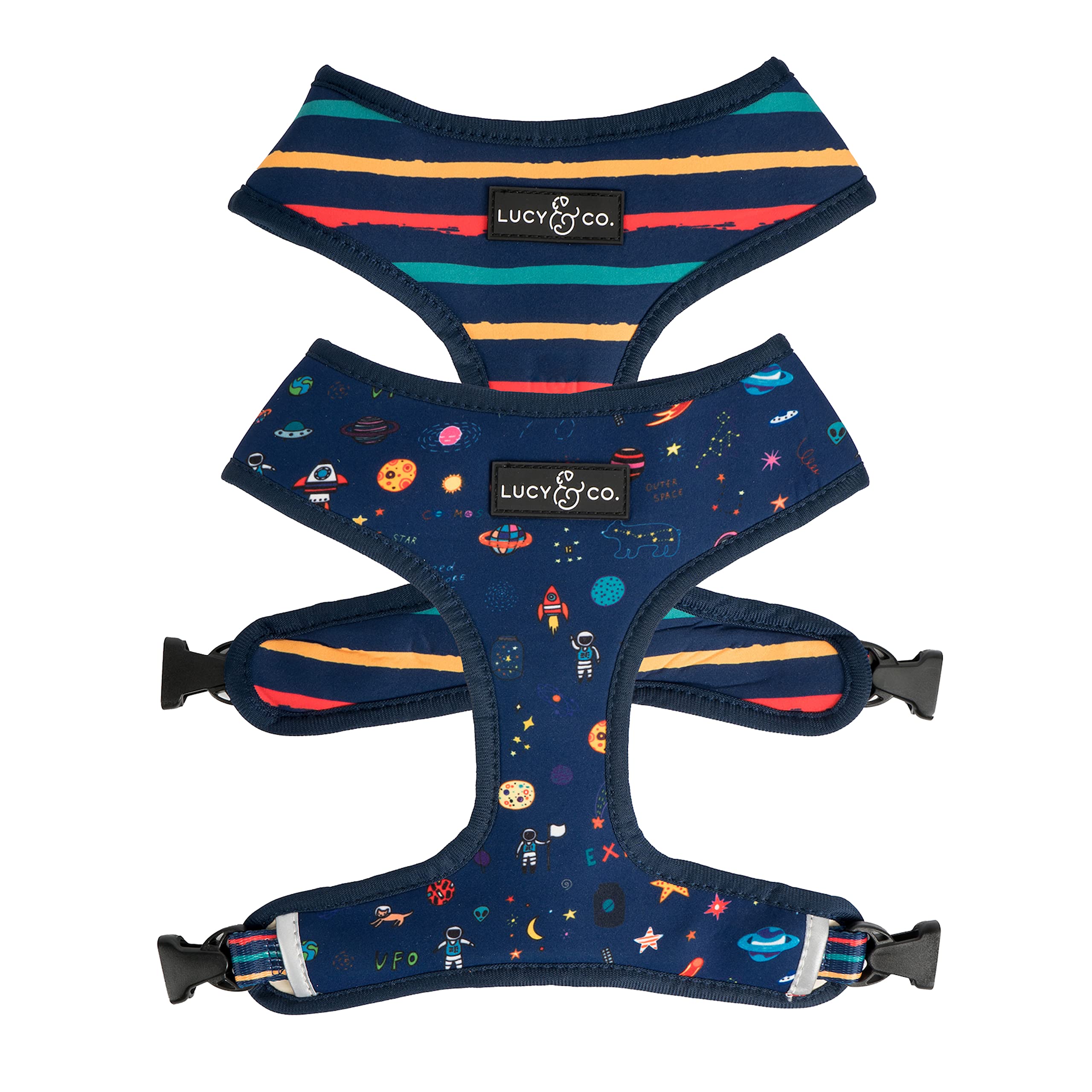 Lucy & Co. Space Doodle, Cute Reversible Dog Harness Walking Halter - Best Designer Pet Harnesses For Medium Dogs - Padded Adjus