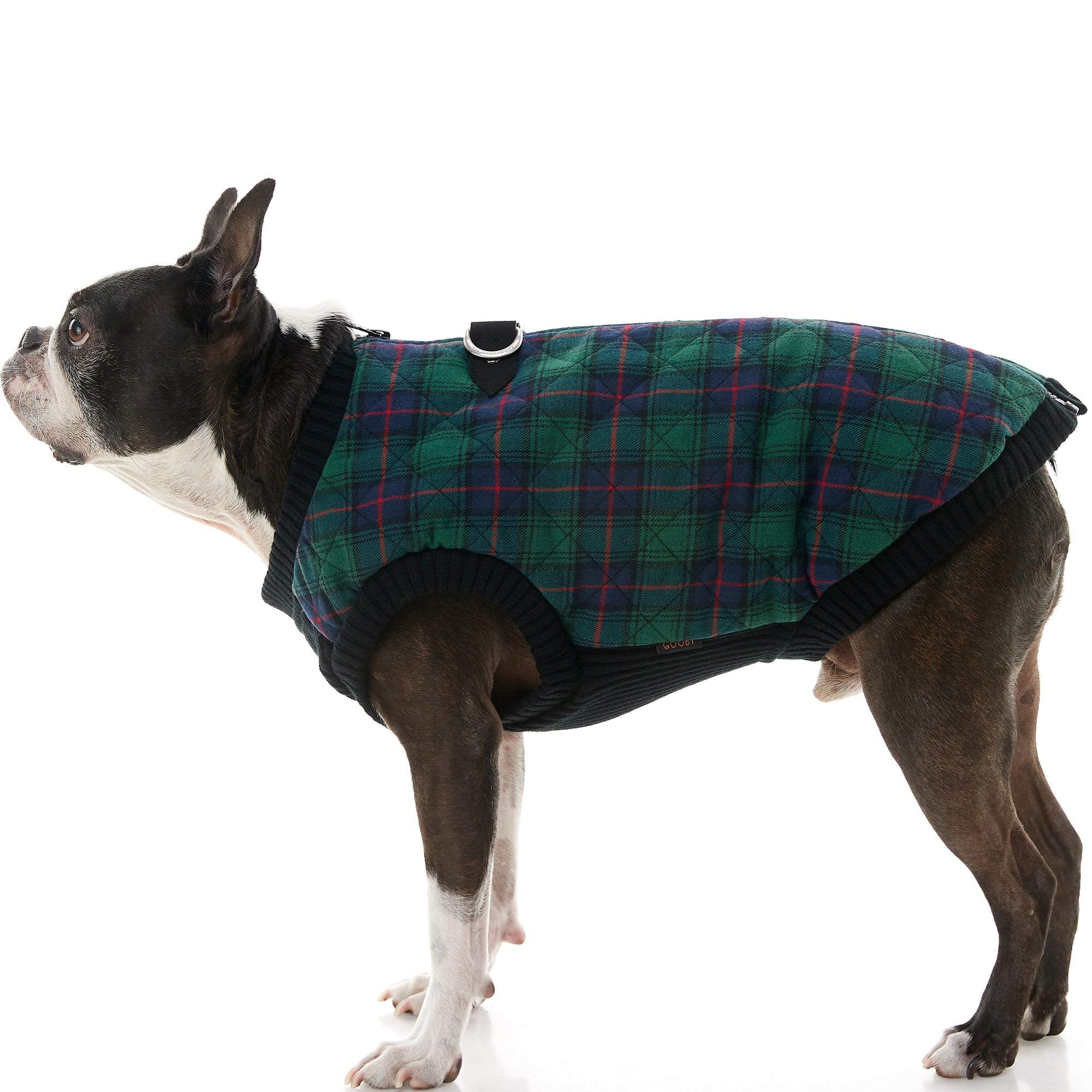 Gooby Fashion Vest Check Dog Jacket - Green Check, Small - Warm Zip Up Dog Bomber Vest With Dual D Ring Leash - Winter Water Resistant Small Dog Sweater - Dog Clothes For Small Dogs Boy Or Medium Dogs