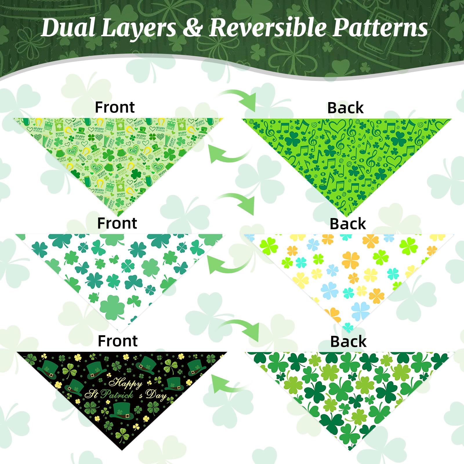 Fhtonge Native St. Patrick'S Day Dog Bandanas Double Layer, 3 Pack 6 Pattern Reversible Lucky Shamrock Clover Holiday Pet Bandan