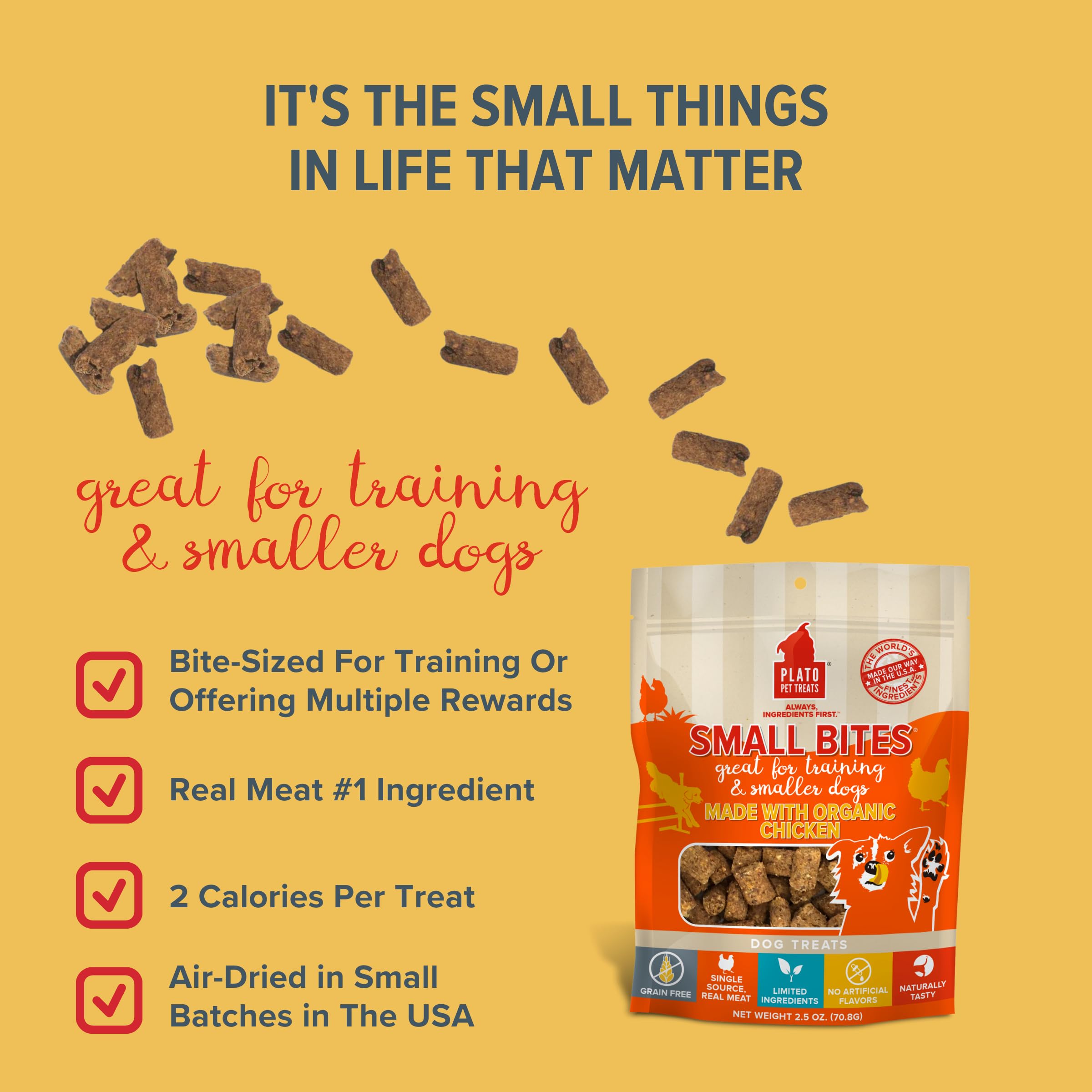 PLATO Small Bites Dog Treats, Natural Bite Sized Real Meat & Chicken Flavor, Grain Free & High in Protein, Air Dried Authentic I