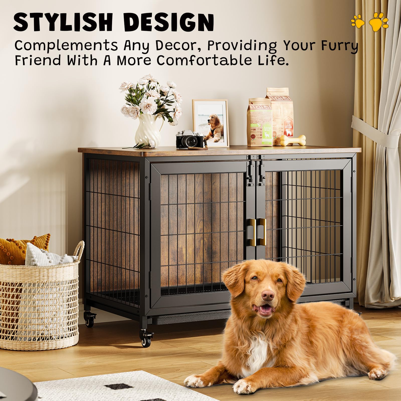 37.4 Inch Large Dog Crate Furniture, Heavy Duty Dog Kennel Furniture with Wheels, Grid Base, Removable Base, Decorative Dog Cage
