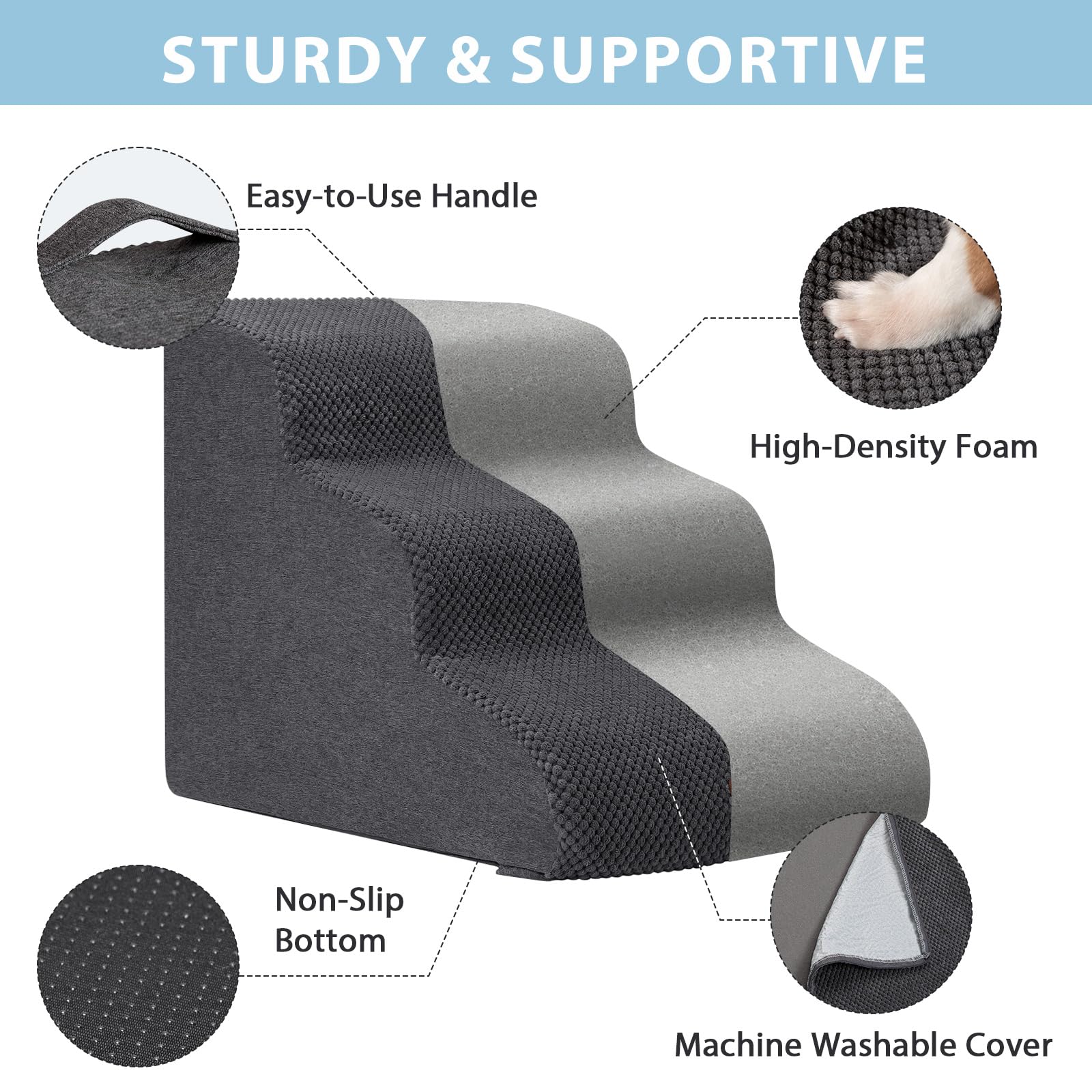 Garnpet Dog Stairs For Couch Sofa And Chair, 3-Step Dog Steps For Small Dogs And Cats, Non-Slip Indoor Pet Step, Light Grey