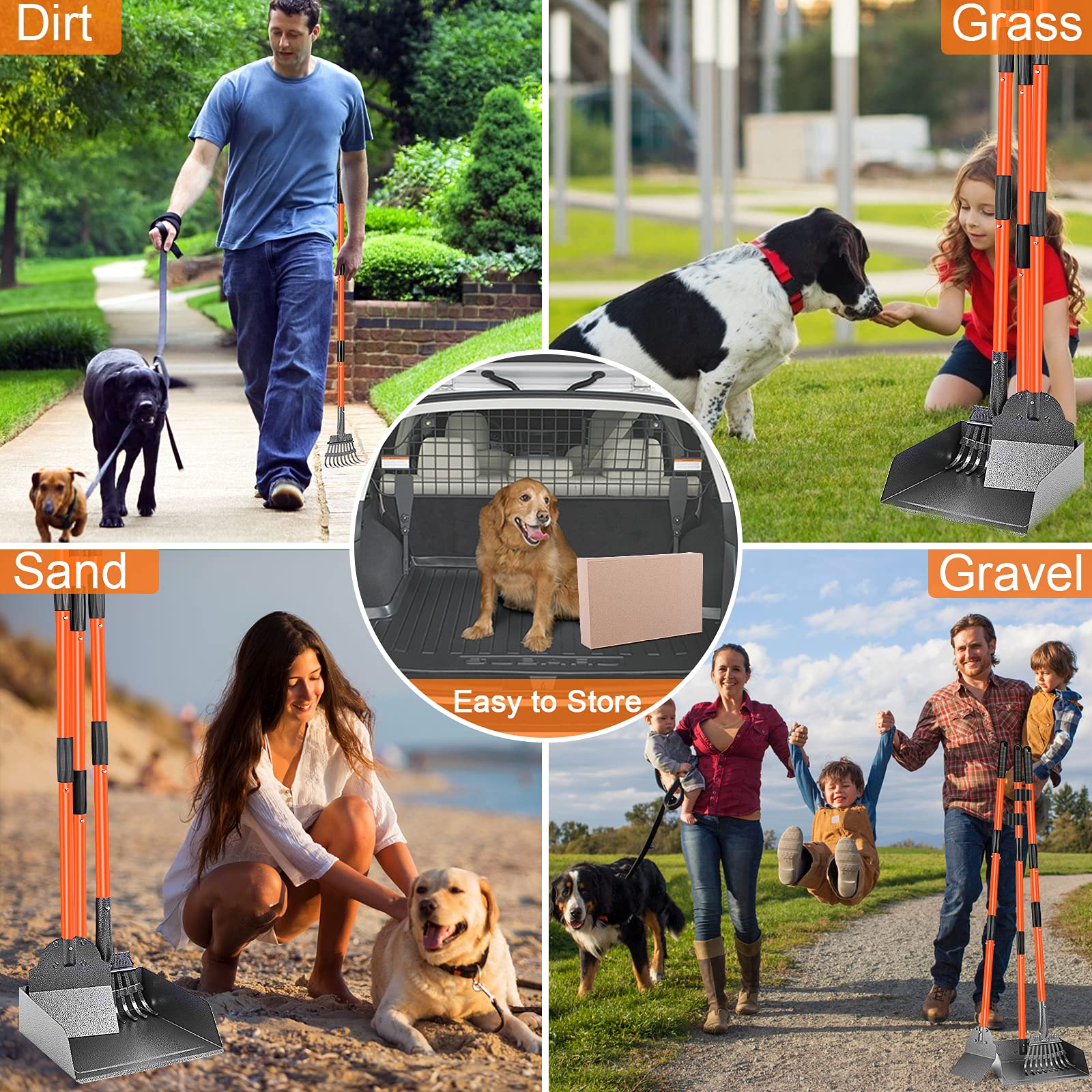 Dog Pooper Scooper, Adjustable Long Handle Metal Tray, Rake And Spade Poop Scooper For Dogs, 3 Pack Poop Scoop Pet Waste Removal Poop Scoop For Large Dogs And Pets, Great For Lawns, Grass, Gravel