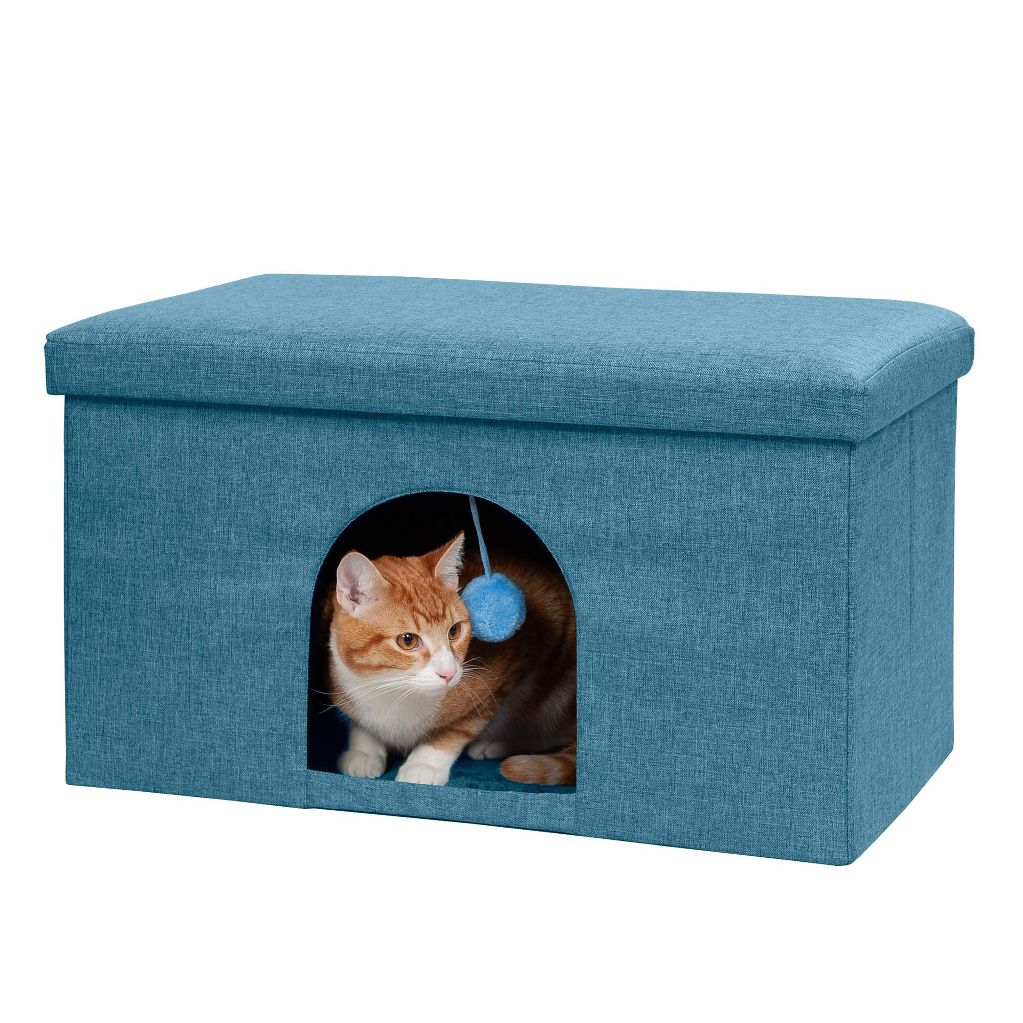 Furhaven Pet House for Indoor Cats & Medium/Small Dogs, Collapsible & Foldable w/ Plush Ball Toy - Living Room Ottoman Cat Condo