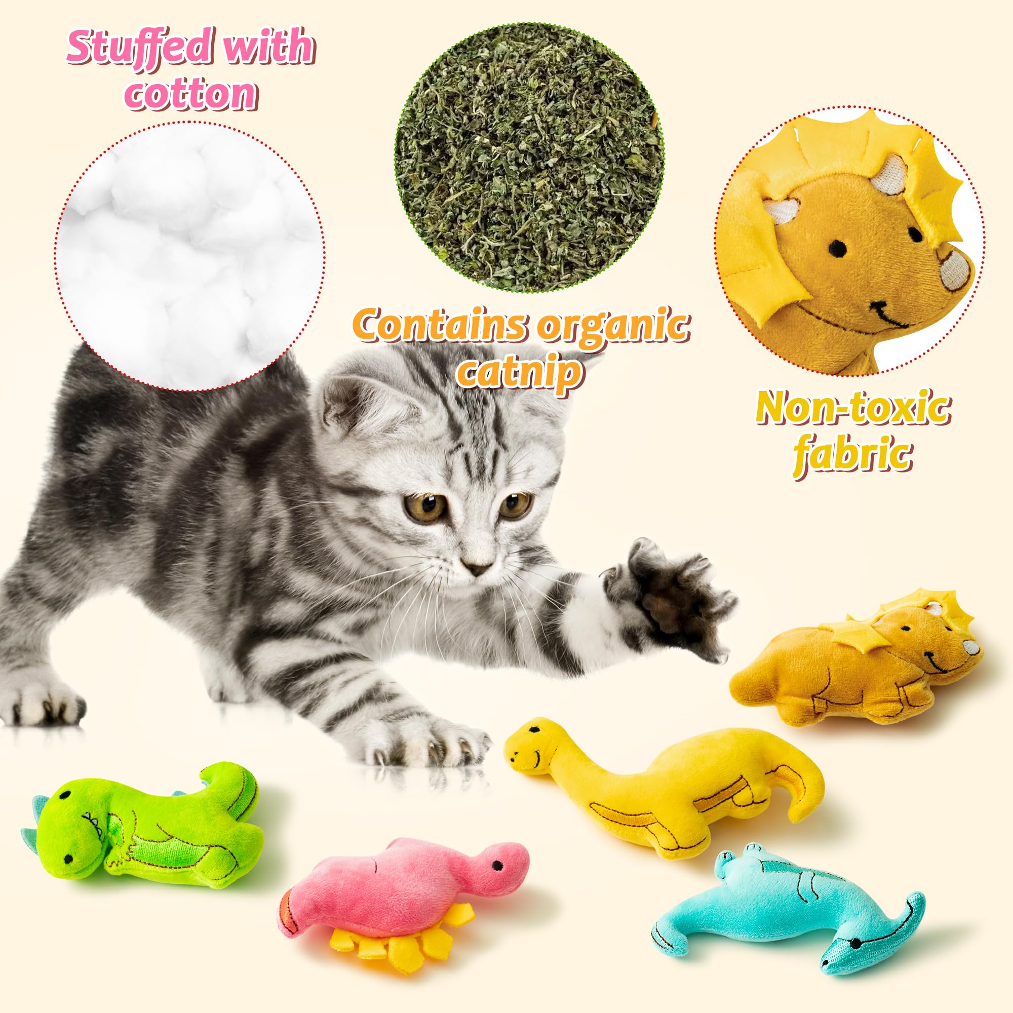 Mallmall6 5Pcs Dinosaur Catnip Toys For Cat, Indoor Cat Chew Bite Kick Catmint Pet Supplies For Kitten Lover Gifts, Interactive