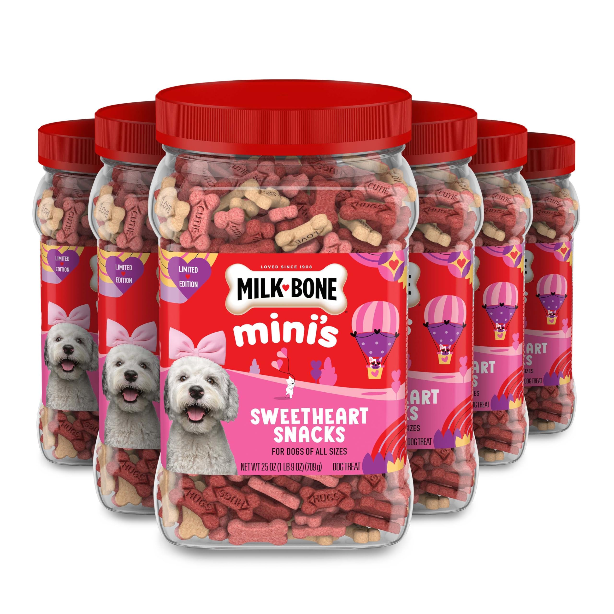 Milk-Bone Minis Sweetheart Snacks, Mini Dog Treats, 25 Oz. Canisters (Pack of 6)