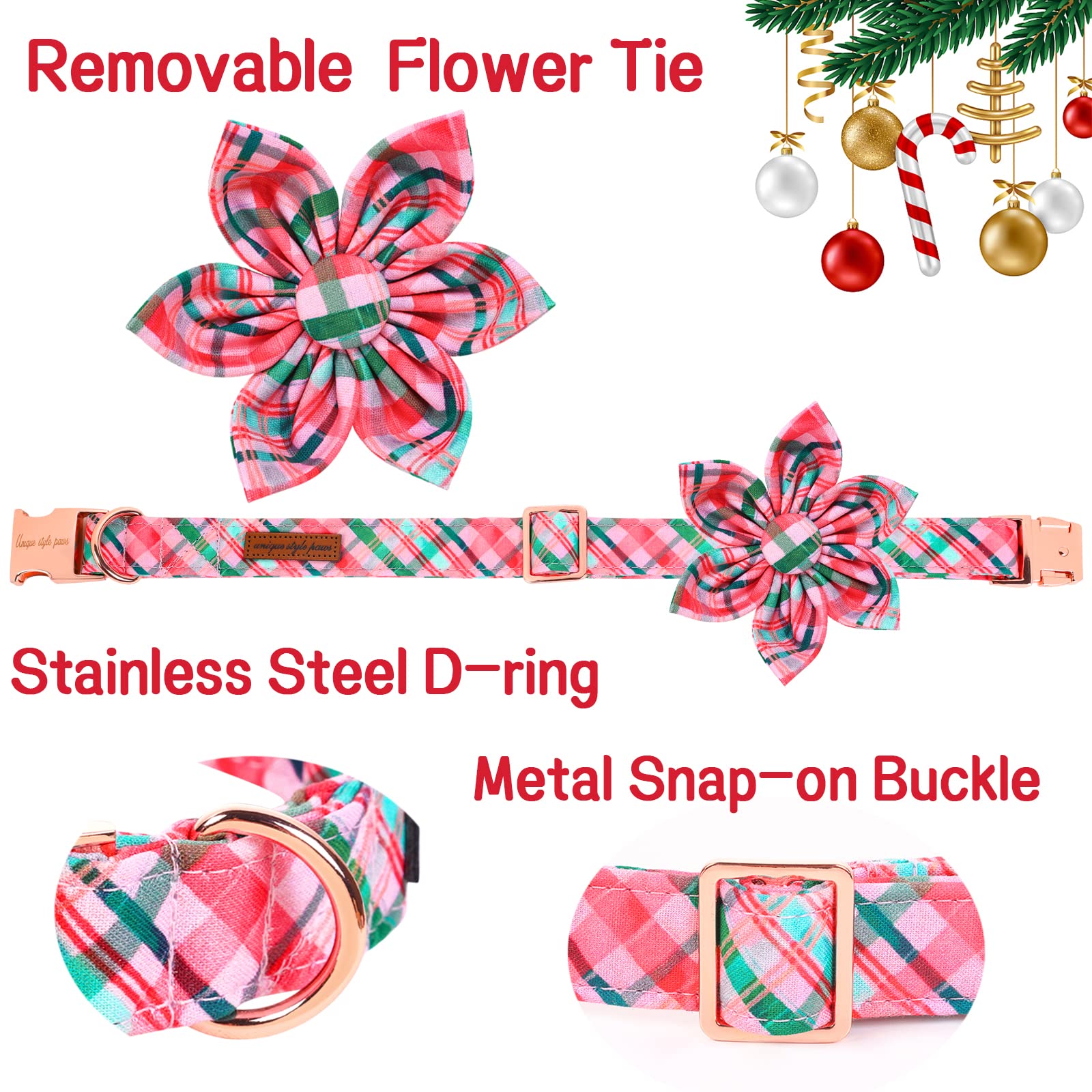 Unique Style Paws Dog Collar With Flower Pink & Green Plaid Dog Collar Best Gifts For Small Medium Large Dogs -L