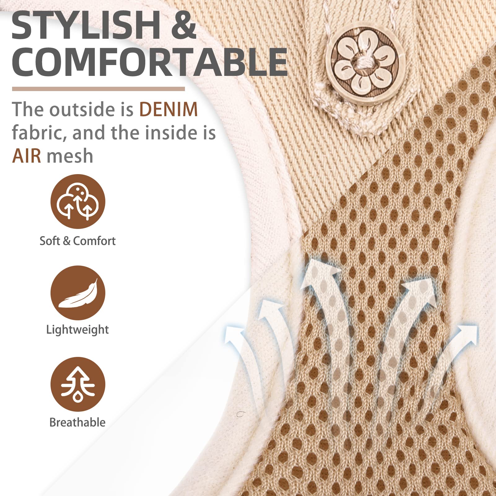 Pupteck Dog Harness And Leash Set For Small Medium Dogs No Pull Step-In Soft Mesh Puppy Cat Vest Harnesses Reflective At Night, Denim Beige Xs