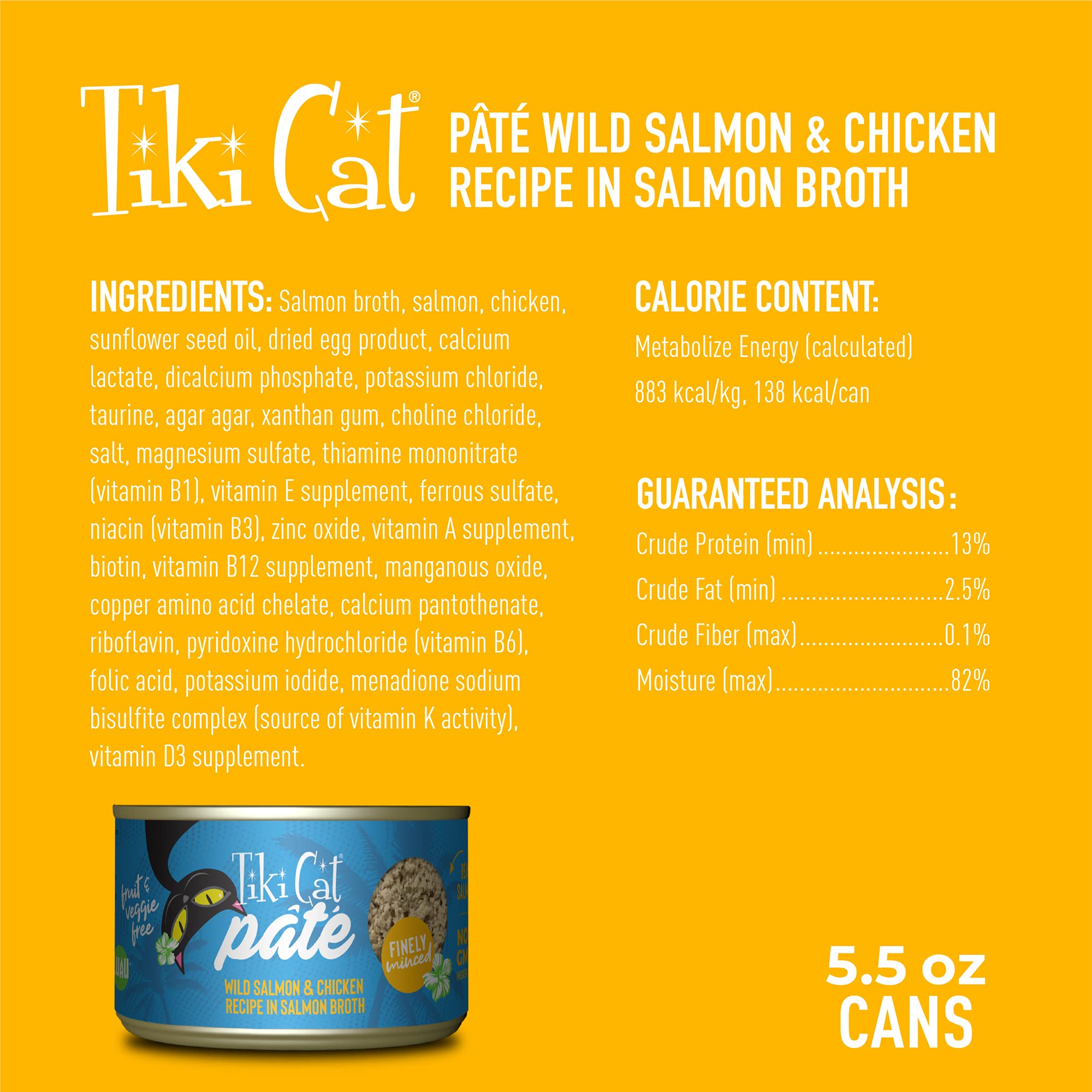 Tiki Cat Luau Pate, Wild Salmon & Chicken Recipe in Salmon Broth, Grain-Free Balanced Nutrition Wet Canned Cat Food, for All Lif