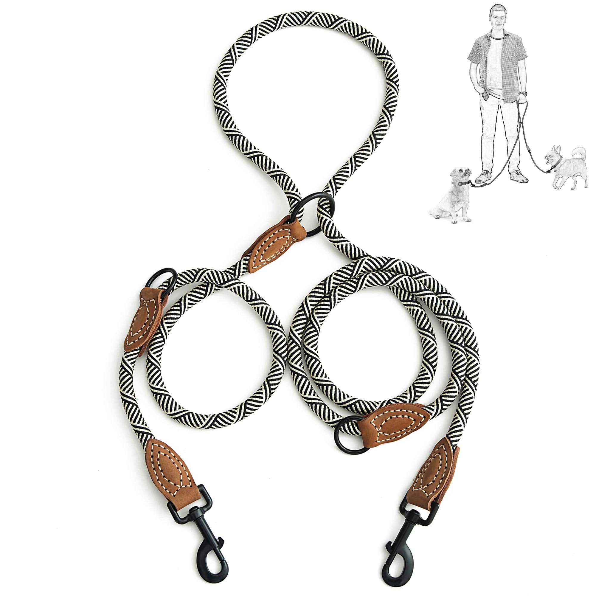 Mile High Life | Double Dogs Rope Leash | Dog Slip Lead | Dual Configuration | Mountain Climbing Rope W Leather Tailored Connect