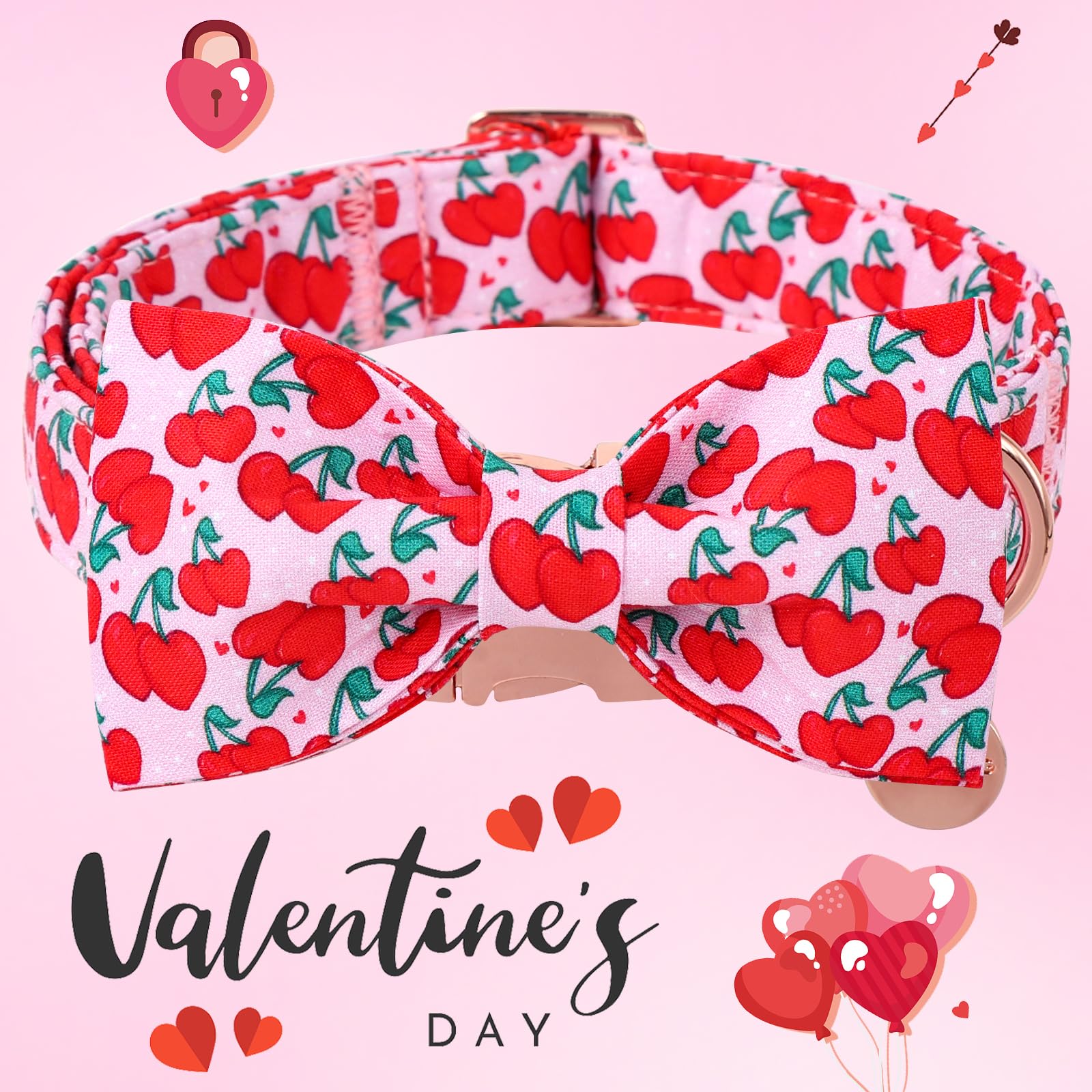 Dogwong Valentine Dog Collar With Bow, Pink Cherry Heart Dog Collar Durable Soft Cotton Pet Dog Collar Cute Heart Valentines Day