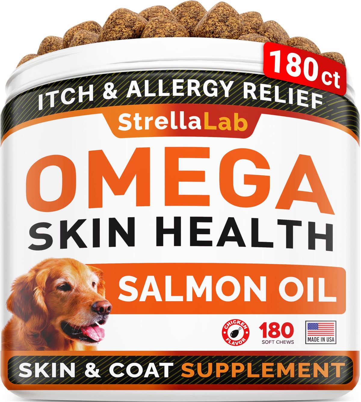 Strellalab Omega 3 For Dogs - (180Ct) Fish Oil Treats - Allergy & Itch Relief Skin&Coat Supplement - Dry Itchy Skin, Shedding, Hot Spots Treatment, Anti Itch - Pet Salmon Oil Chews - Chicken Flavor