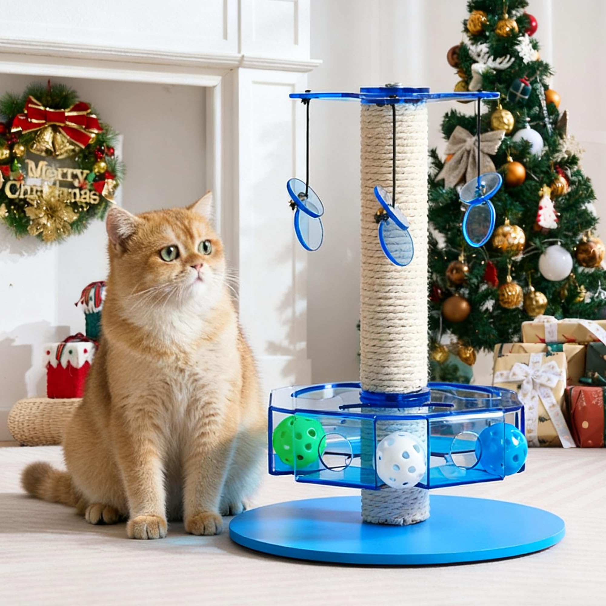 Kicari 3-in-1 Interactive Cat Toy with Scratching Post, Acrylic, Blue, 11.42"x11.42"x13.19", Model Blue-001, Rotating Puzzle