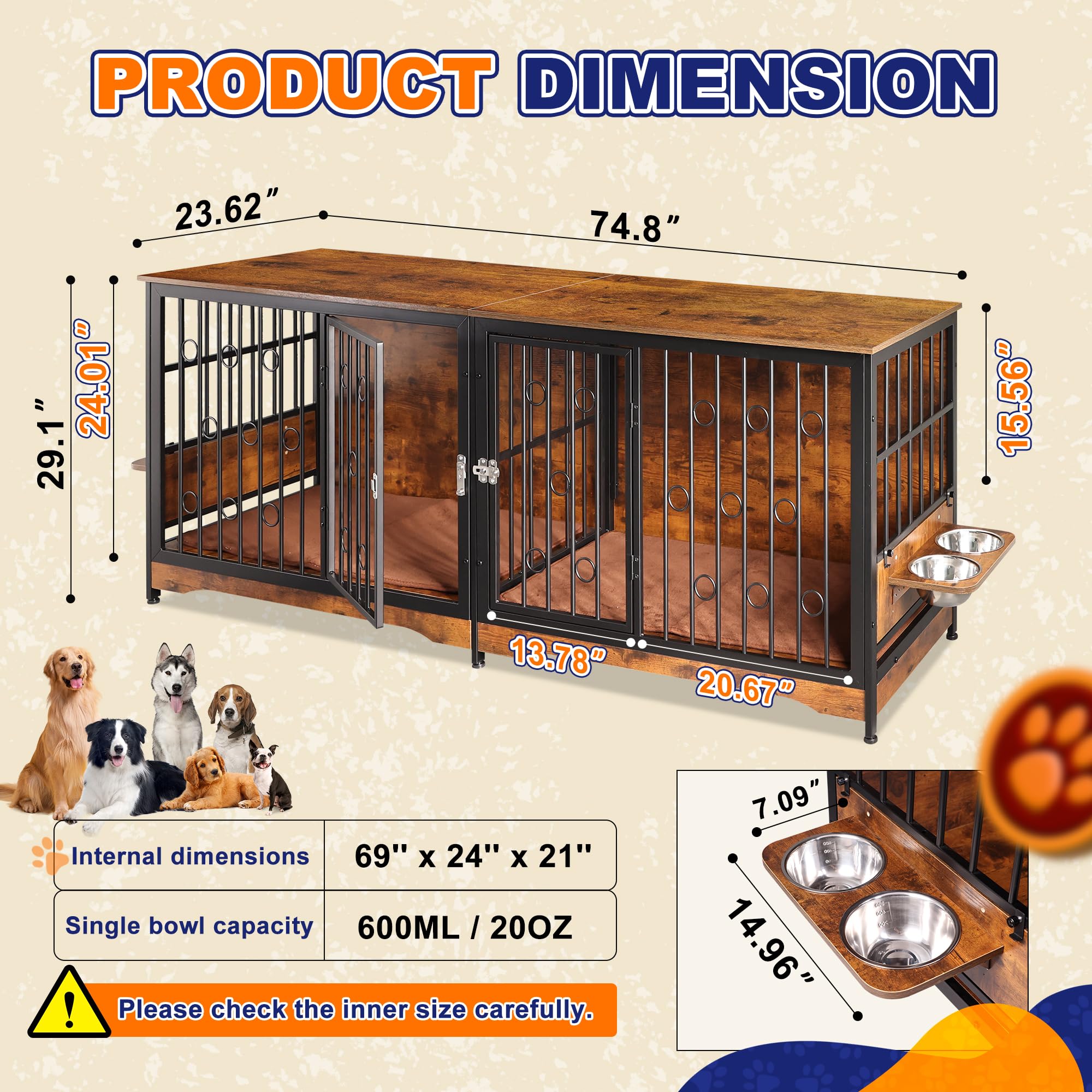 75' Dog Crate Furniture Large Storage Tv Stand With Dual Cushion / 4 Bowls/Double Rooms, Wooden Dog Kennel Dog Crate End Table