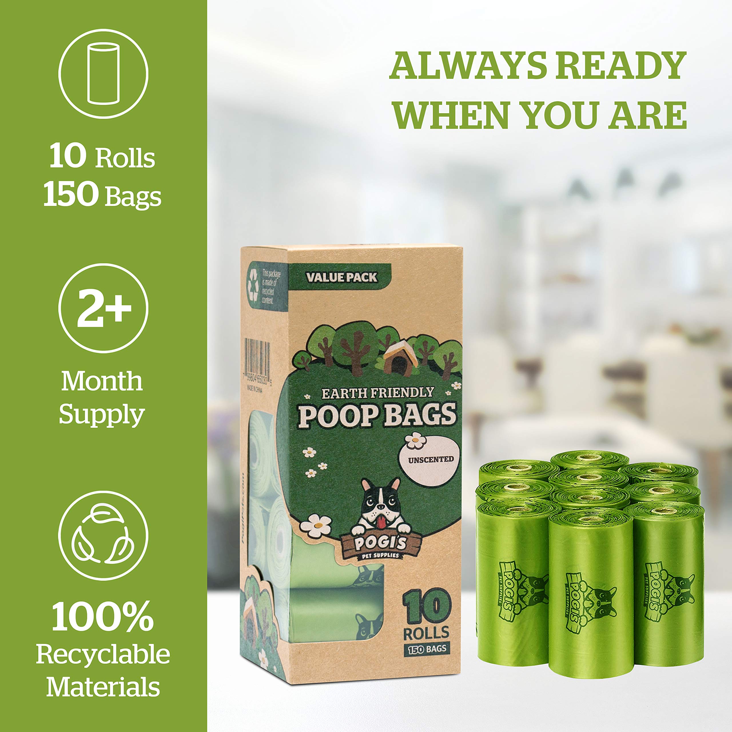 Pogi? Dog Poop Bags - 10 Unscented Rolls (150 Doggie Poop Bags) - Leak-Proof Dog Waste Bags - Ultra Thick, Extra Large Poop Bags For Dogs