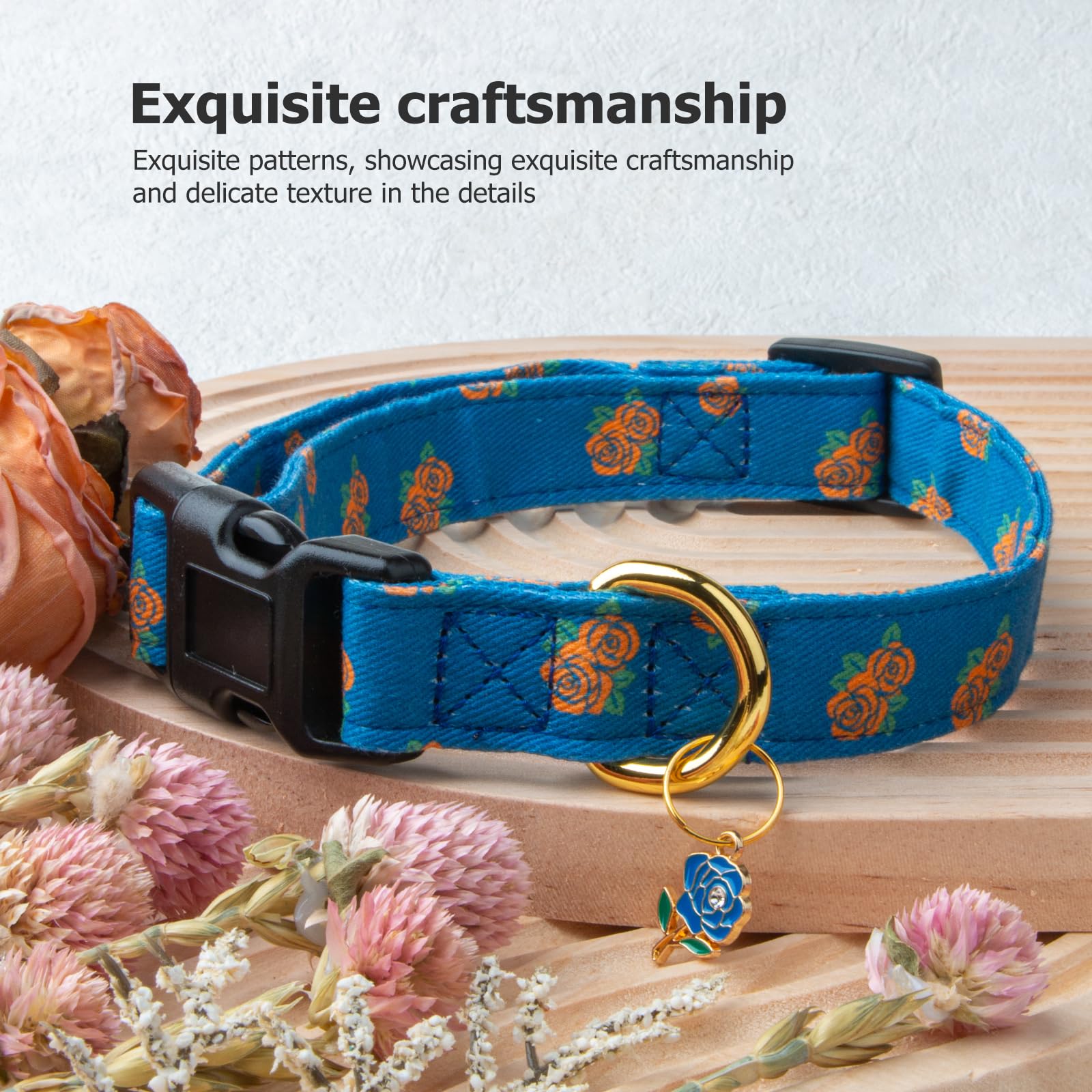 Cotton Handmade Dog Collar Cute And Distinctive Patterns Blue Rose With Pendant For Girl Boy Dogs Collars L
