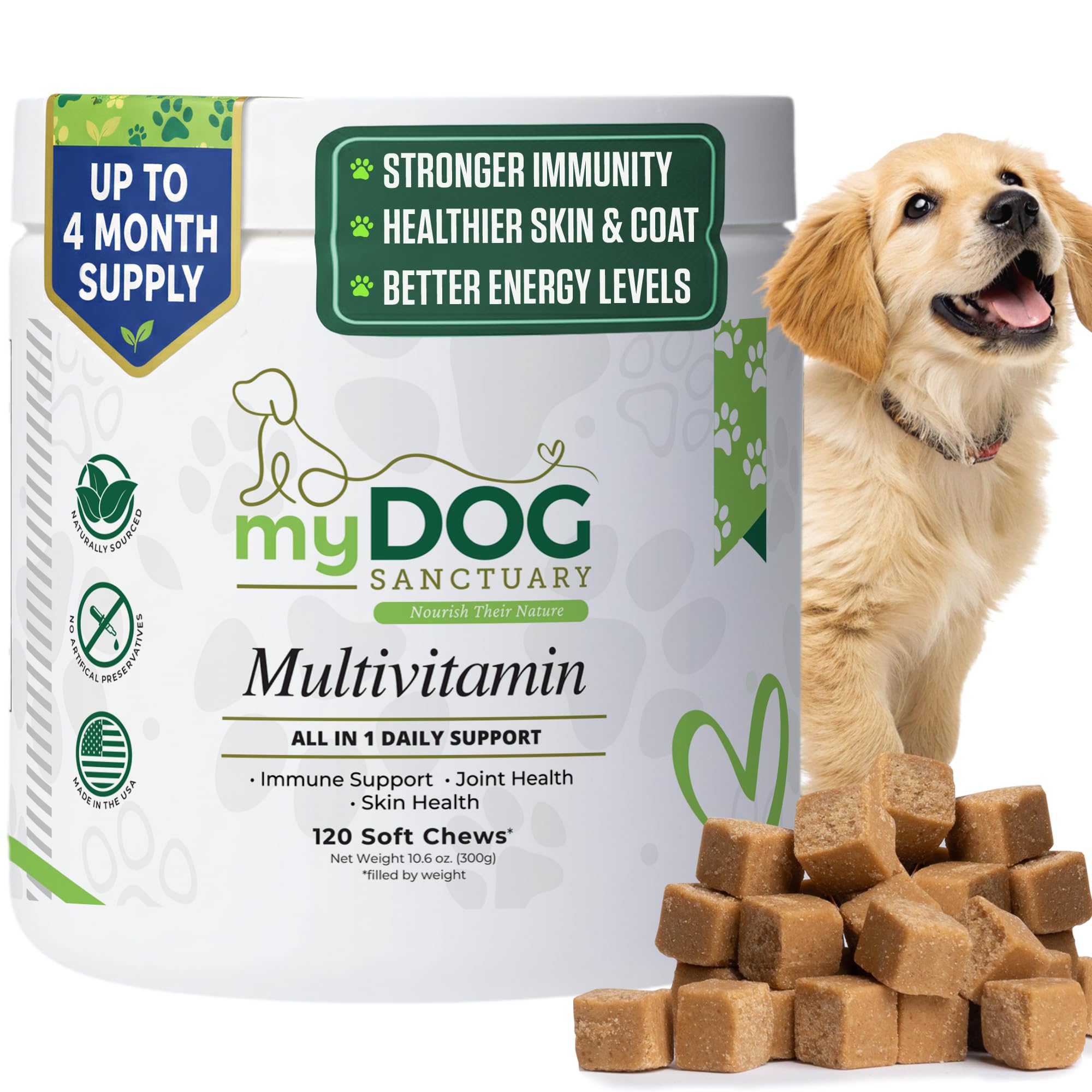My Dog Sanctuary 14-in-1 Multivitamin for Dogs - 120 Bacon Soft Chews | Daily Vitamins with Joint Support, Immune Health, Skin &